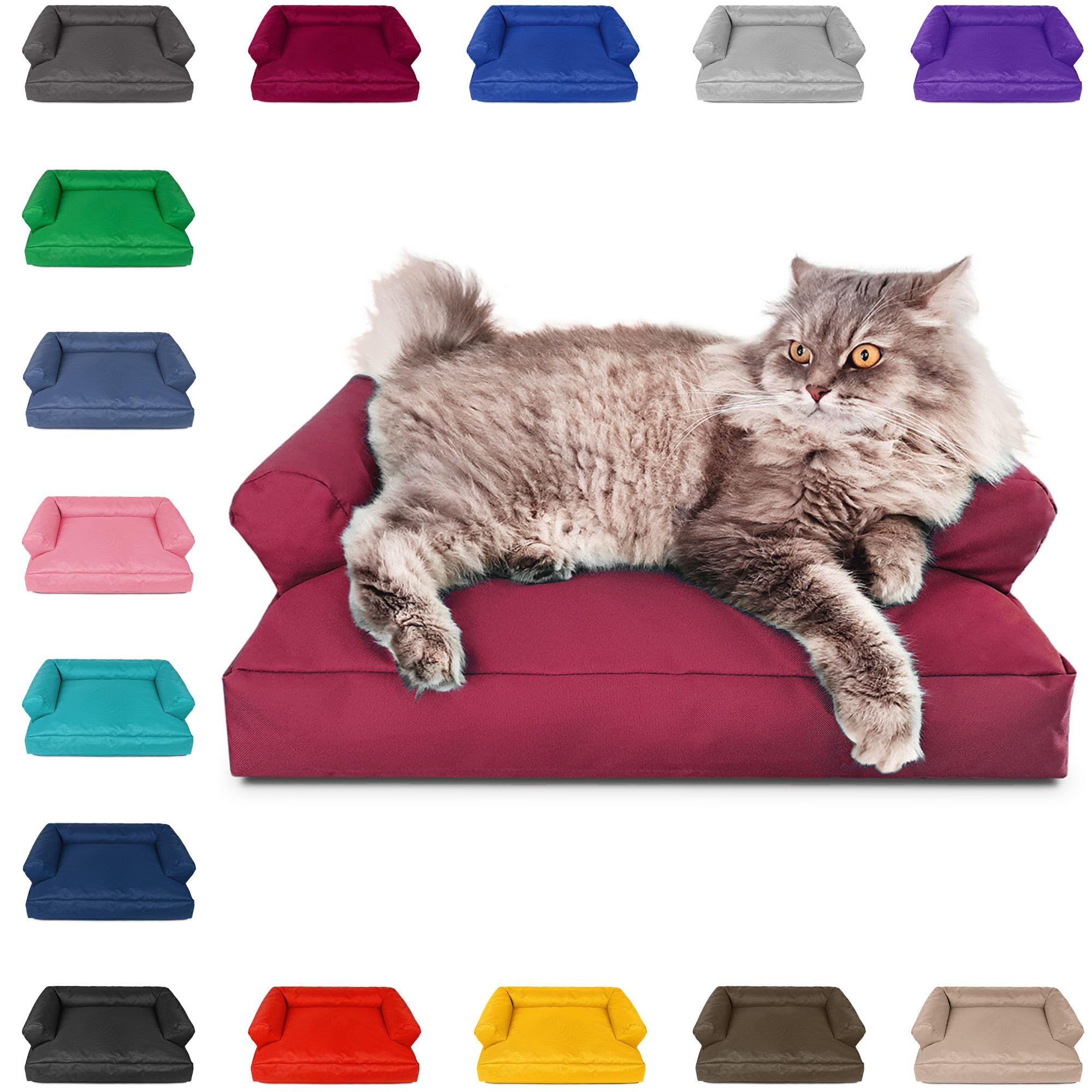 PATCH HOME Katzenbett – Oeko-TEX Zertifiziert – Katzenmöbel – mit recyceltem Styropor gefüllt – Katzensofa – Made in Germany – 50x40x15 cm – Weinrot