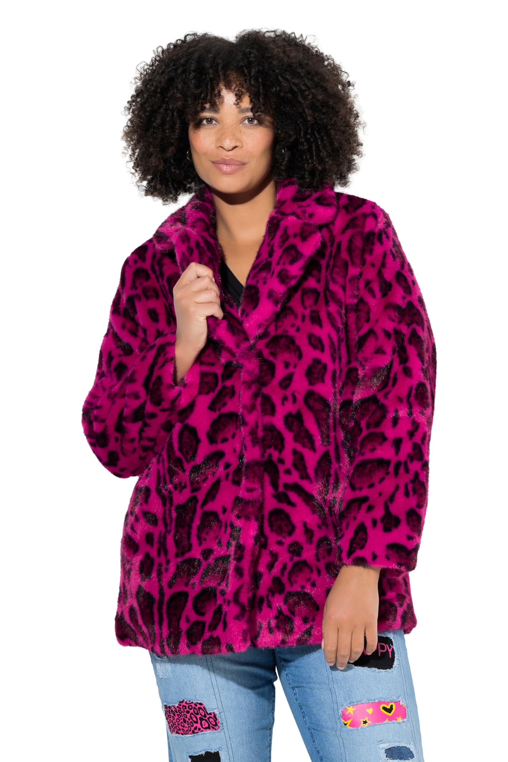 Angel of Style Damen große Größen Übergrößen Plus Size Plüschjacke, Straight Fit, Leomuster, Knopfverschluss 842287