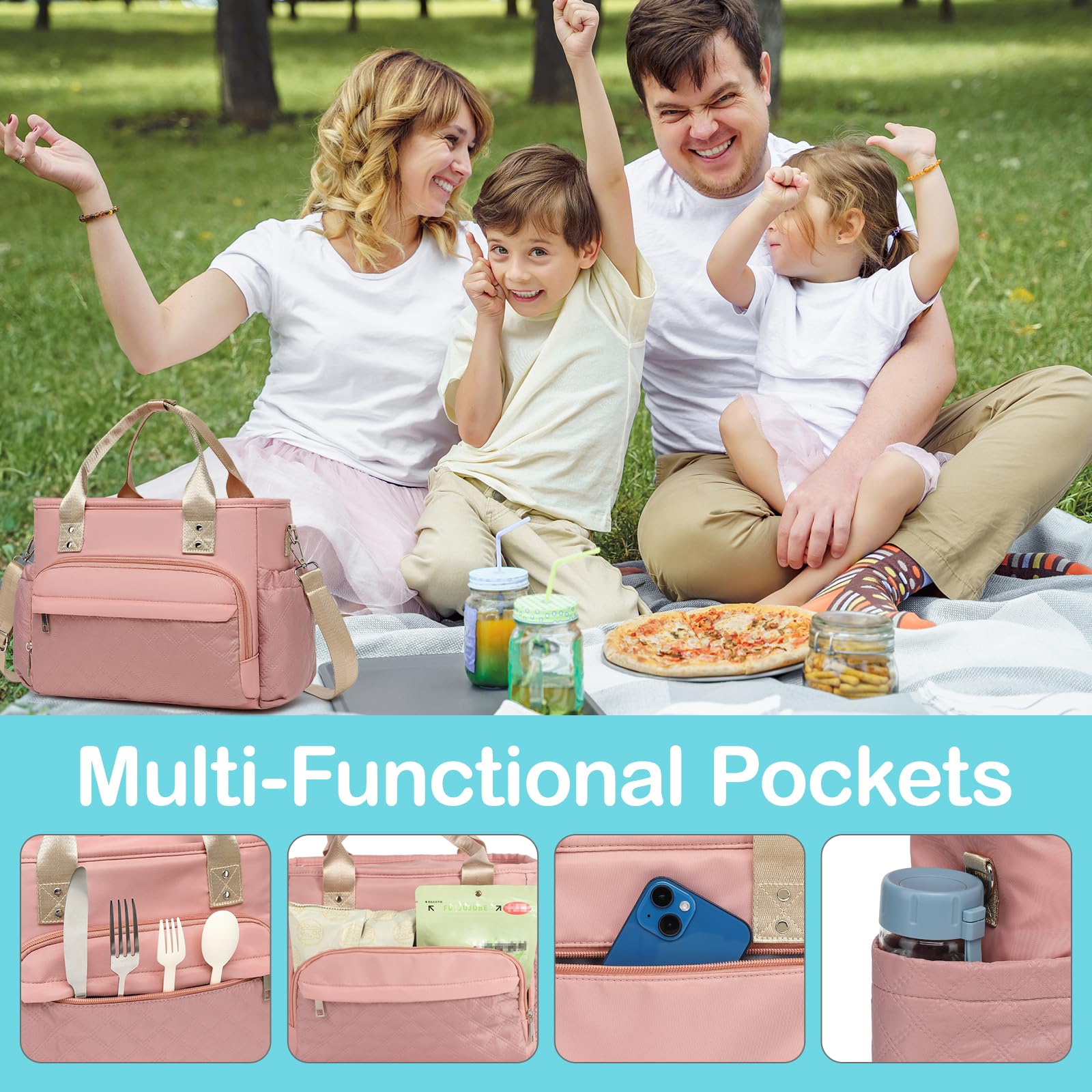 Lunch Bag for Women Work with Side Pockets & Removable Shoulder Strap - Reusable Thermal Insulated Lunch Box Cooler Bag, Leakproof Lunch Tote Bag for Women's Adult Men