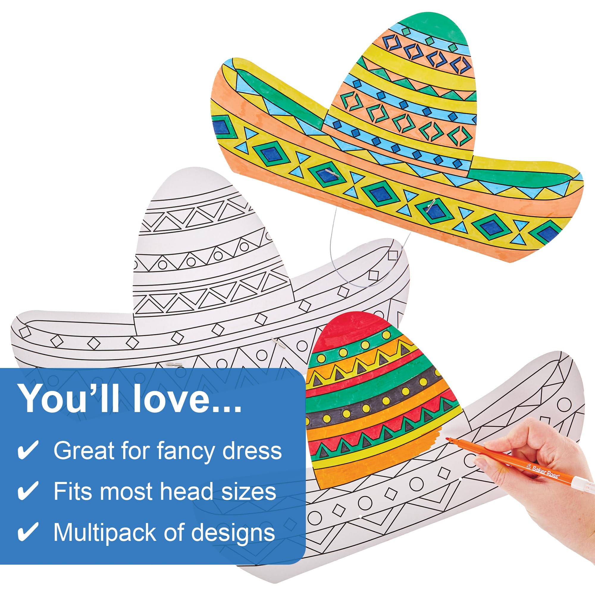 Baker Ross FN022 Colour-in Sombrero Hats - Pack of 8, Fancy Dress Costume Arts and Crafts, Multicolour, 38cm - Image 3
