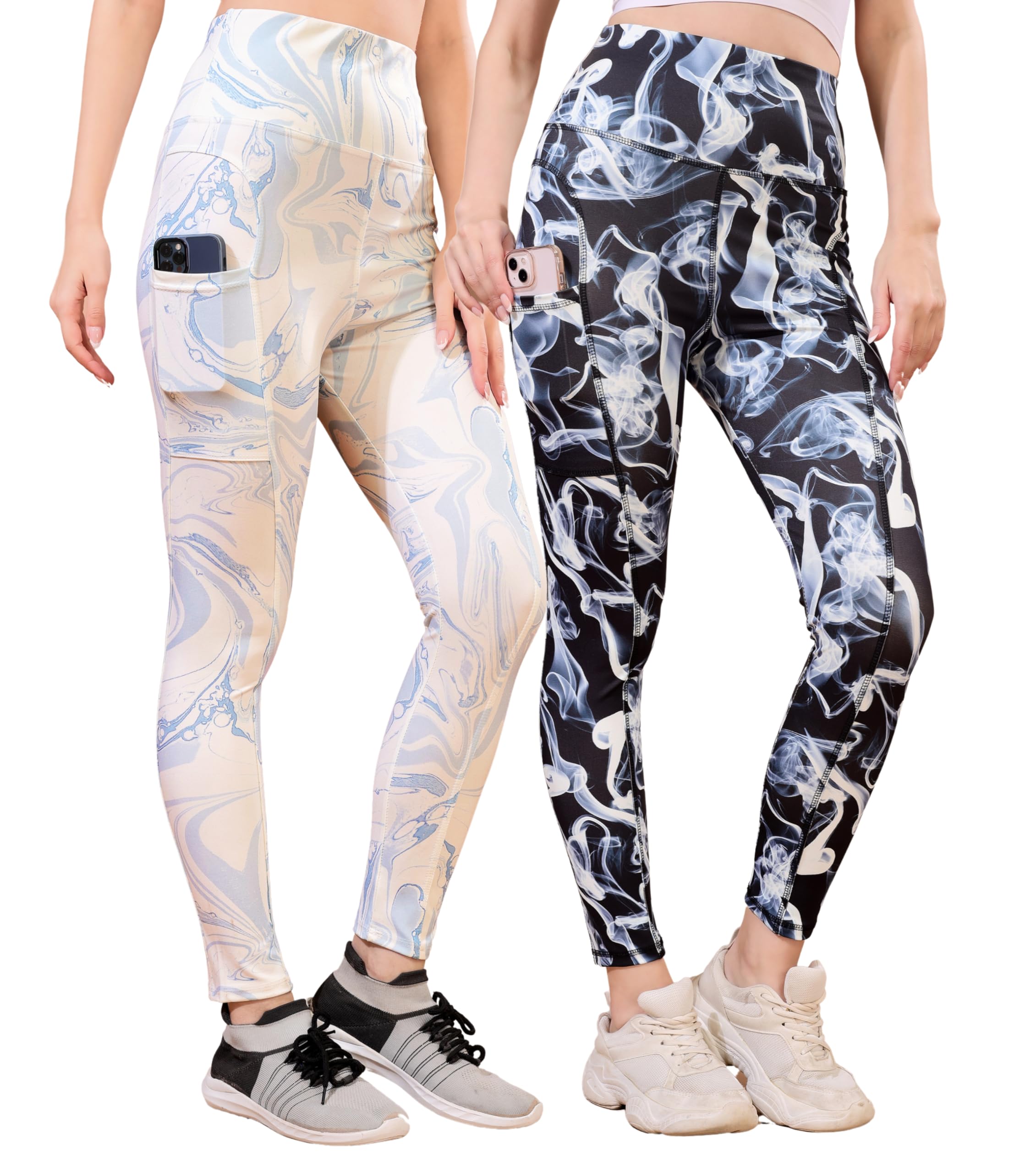 poojaran saree Womens High Waist Yoga Leggings with Phone Pocket, Smoke Print Pattern, Gym Pant, Workout, Running, Pack of 2-picture-24