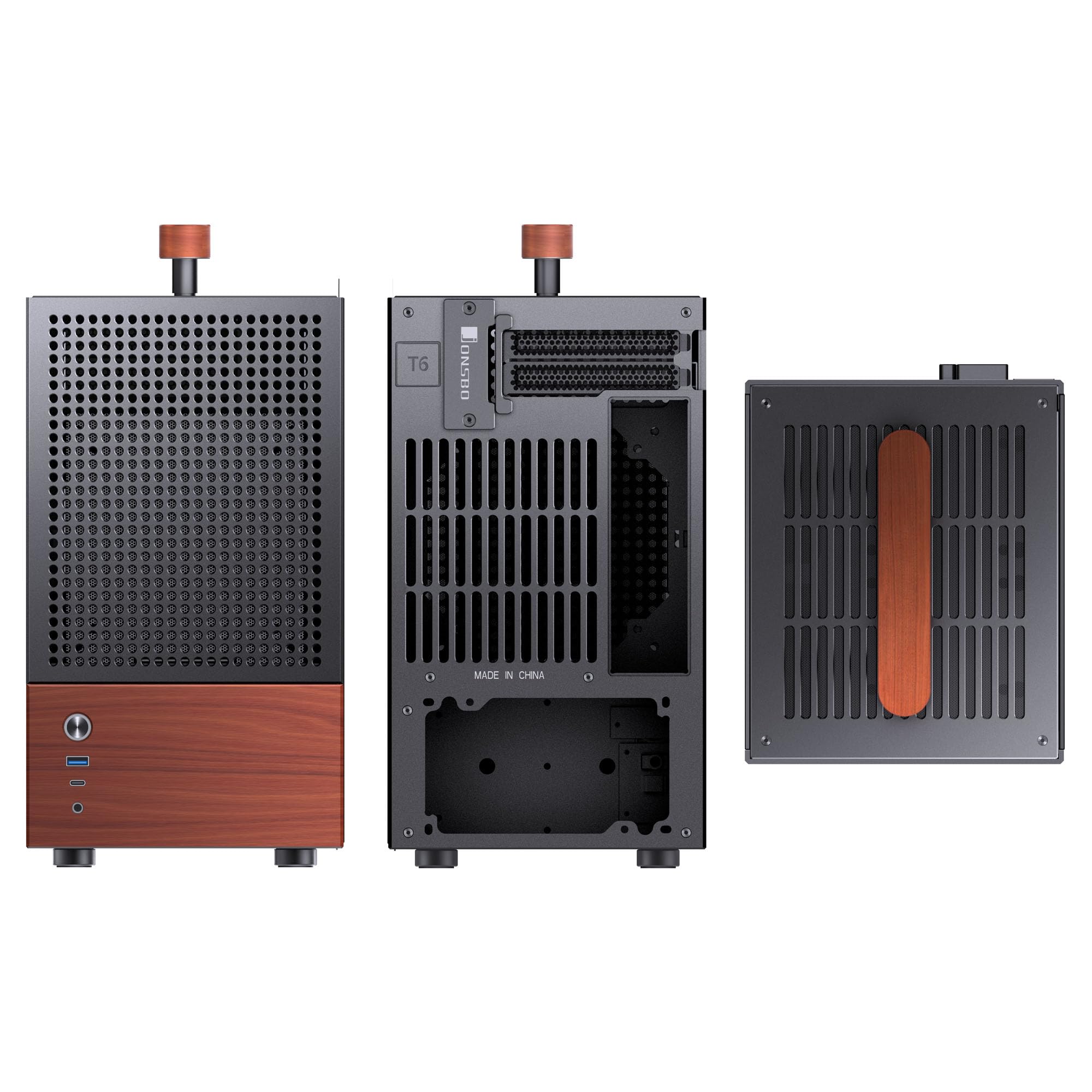 Jonsbo T6 Mini-ITX Case per PC – Nero, Vetro Temperato & Maniglia in Legno, Alluminio & Acciaio, Case Mini-Tower Compatto