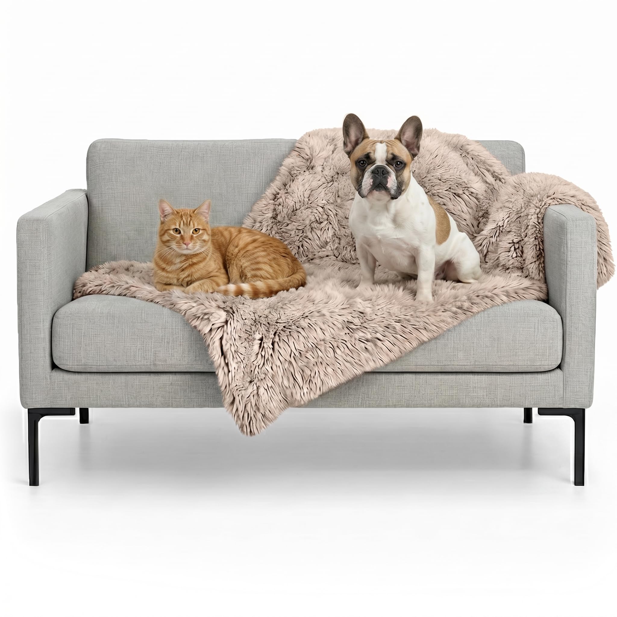 Furhaven Waterproof Throw Blanket for Dogs &amp; Indoor Cats, Washable - Shaggy Plush Calming Long Faux Fur &amp; Velvet Dog Blanket - Taupe, Medium