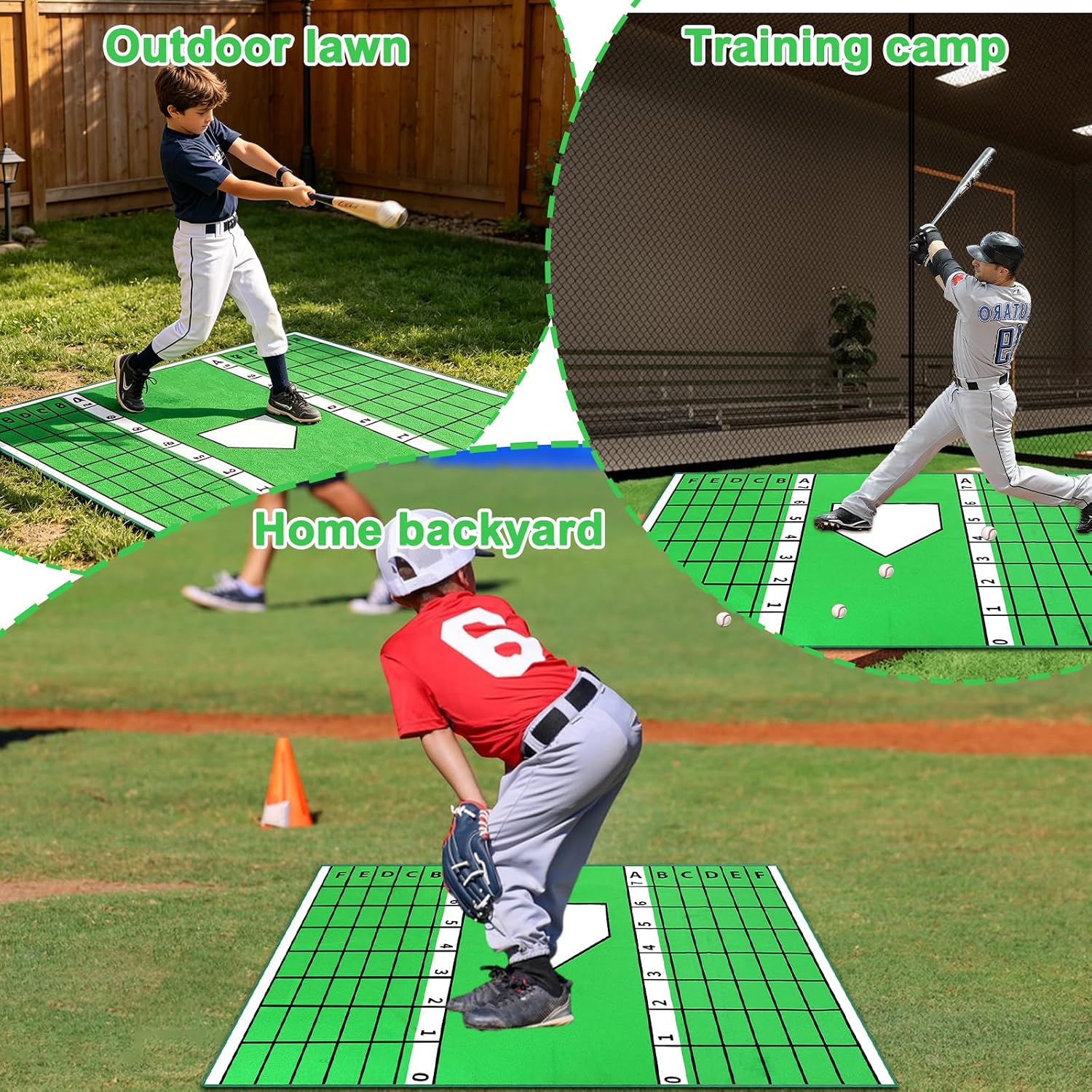 Baseball and Softball Hitting Mat for Batting Stance Practice, 6 x 4 ft Baseball Hitting Mat, Batting Cage Mat, Indoor/Outdoor Softball Equipment(Green)