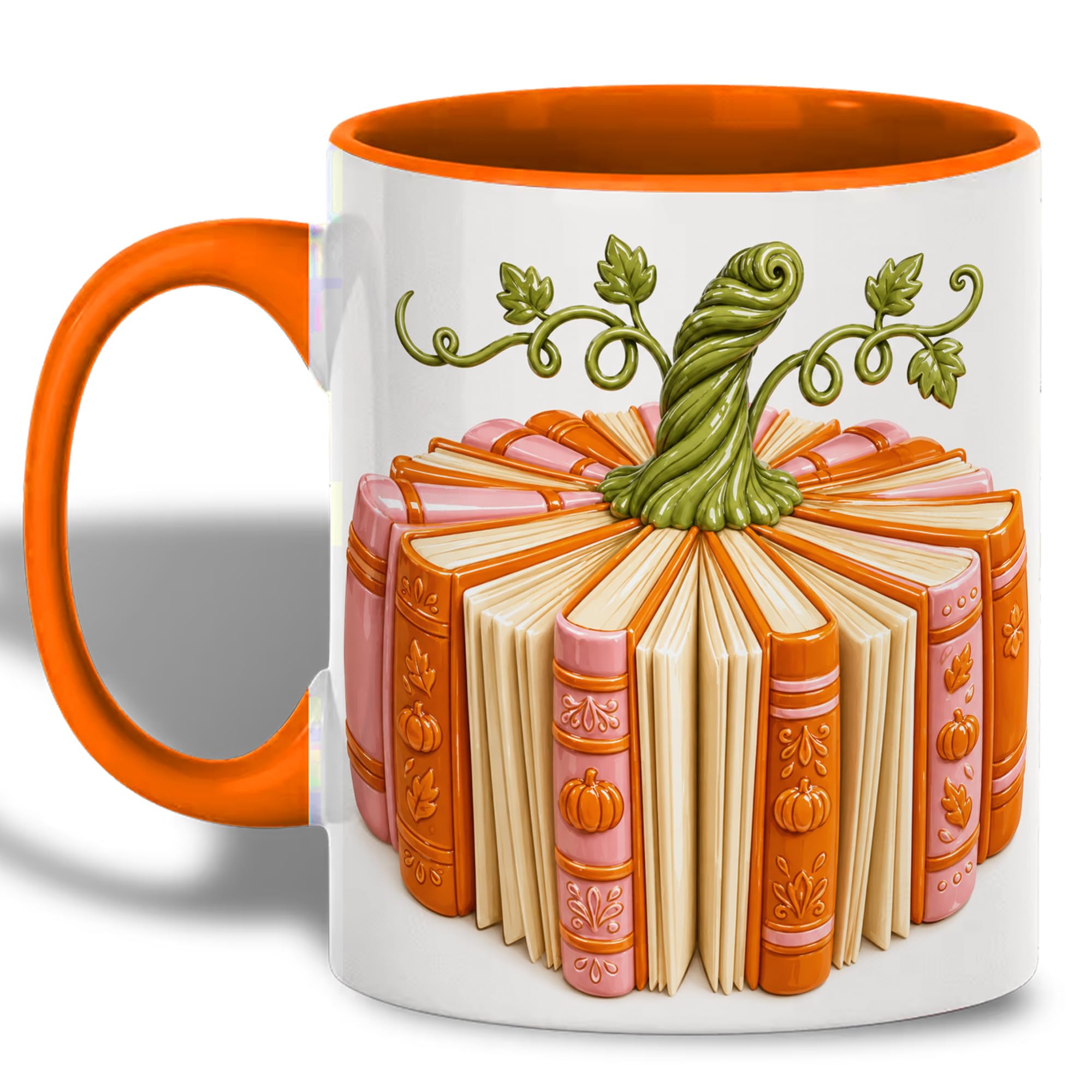 Glossy Clay Book Pumpkin Ceramic Mug, Fall Coffee Mug with Open Book Pages, Orange Spines…