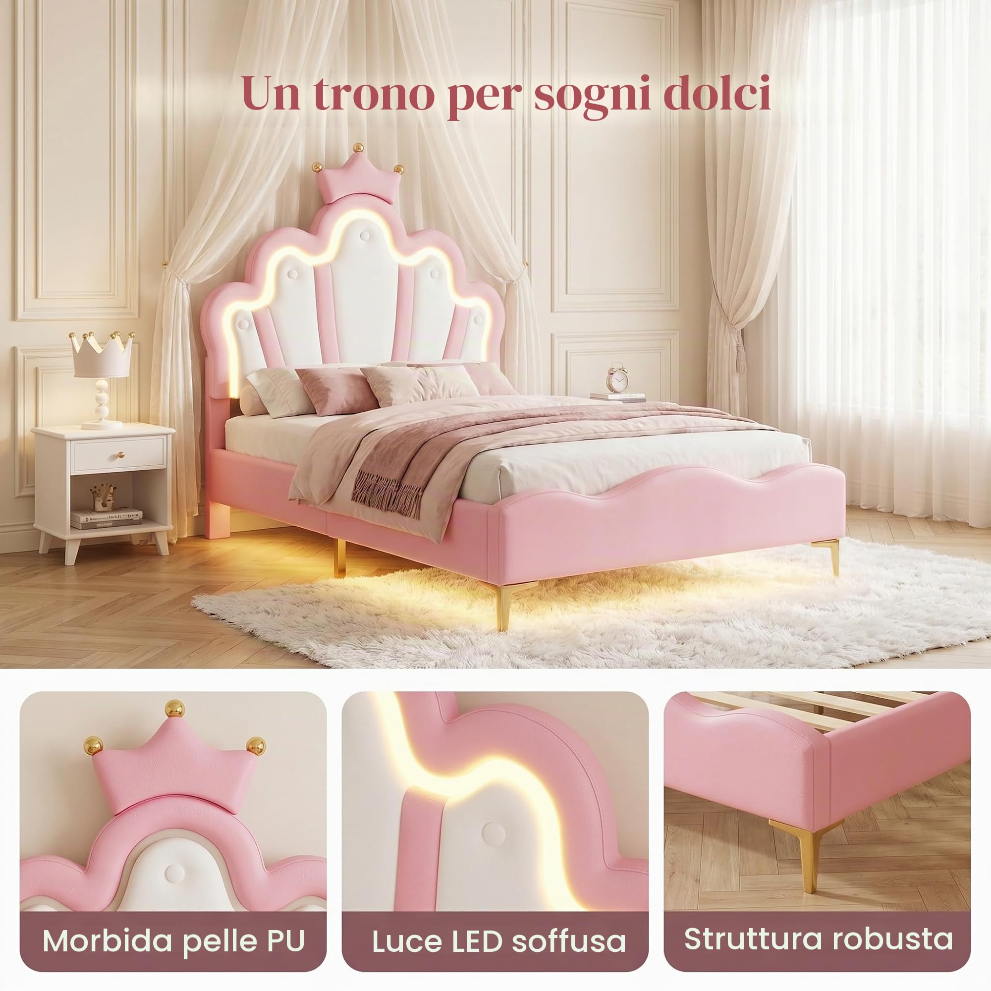 Letto matrimoniale imbottito per bambini, 140 x 200 cm, letto per ragazze con testiera LED imbottita e rete a doghe, in poliuretano, senza materasso (Rosa, 140x200cm)