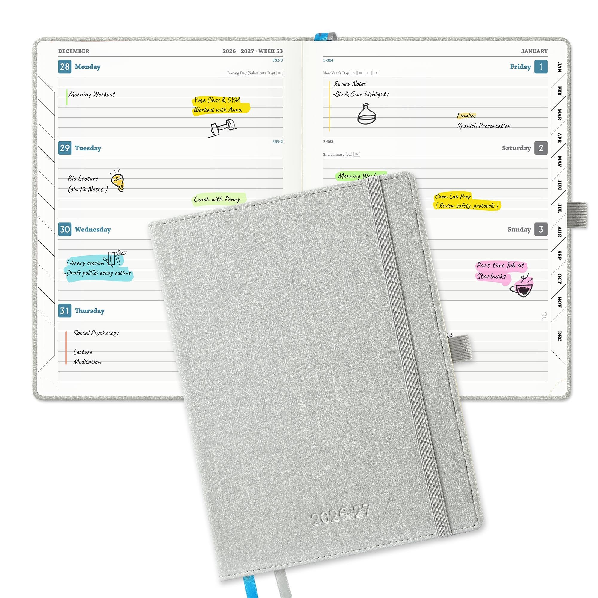 IN-LUXPRO Academic Diary 2026-2027: Luxury A5 Week to View (21.9x16.2cm)18 Months (Jul'26 - Dec'27) Mid Year Diary 26/27 Horizontal Weekly Planner with Timeslots & Month Tabs, PU Leather Sliver