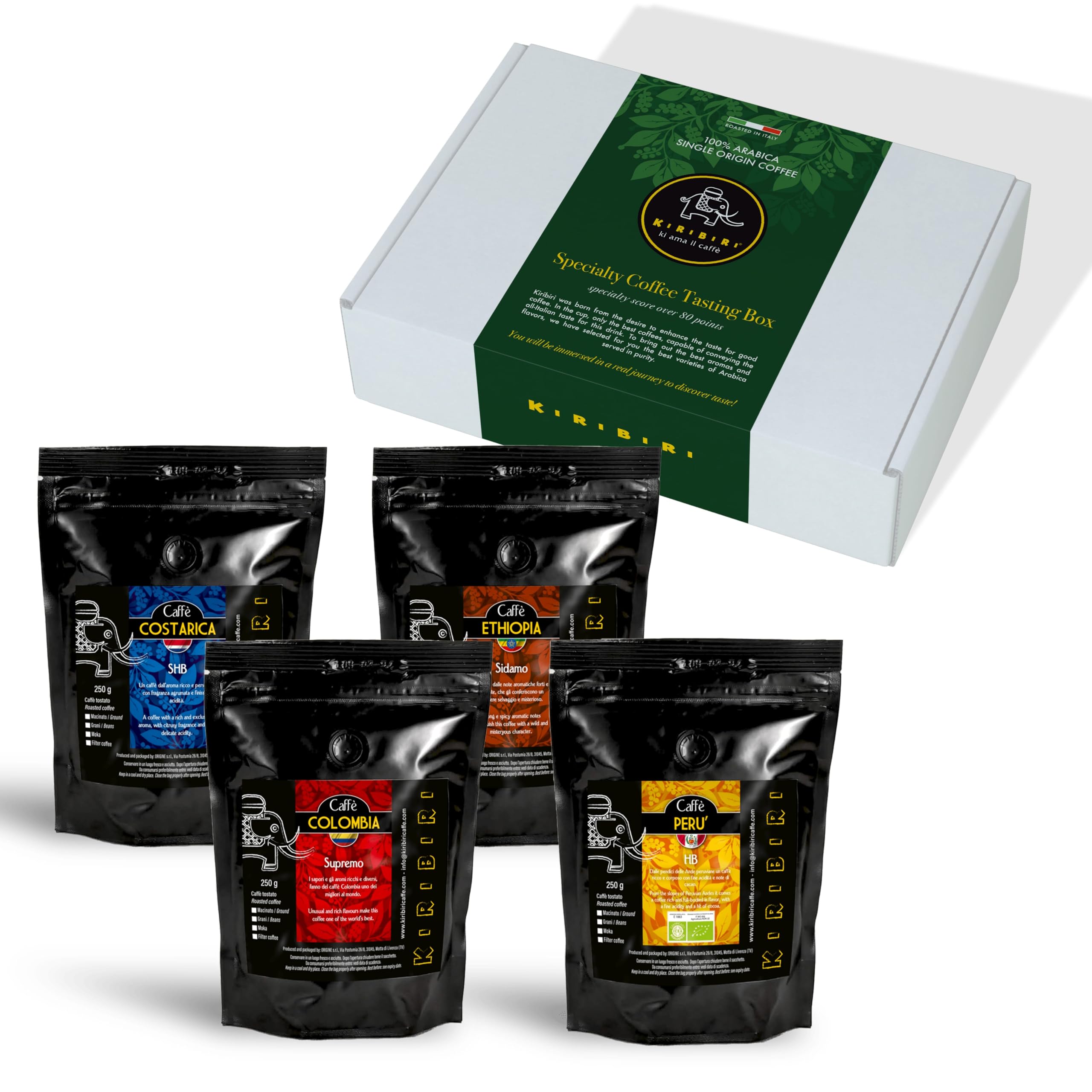 KIRIBIRI Café Especial de Origen 100% Arábica en Grano - Paquete de 4 x 250 g - Orígenes: Colombia, Costa Rica, Perú Orgánico, Etiopía