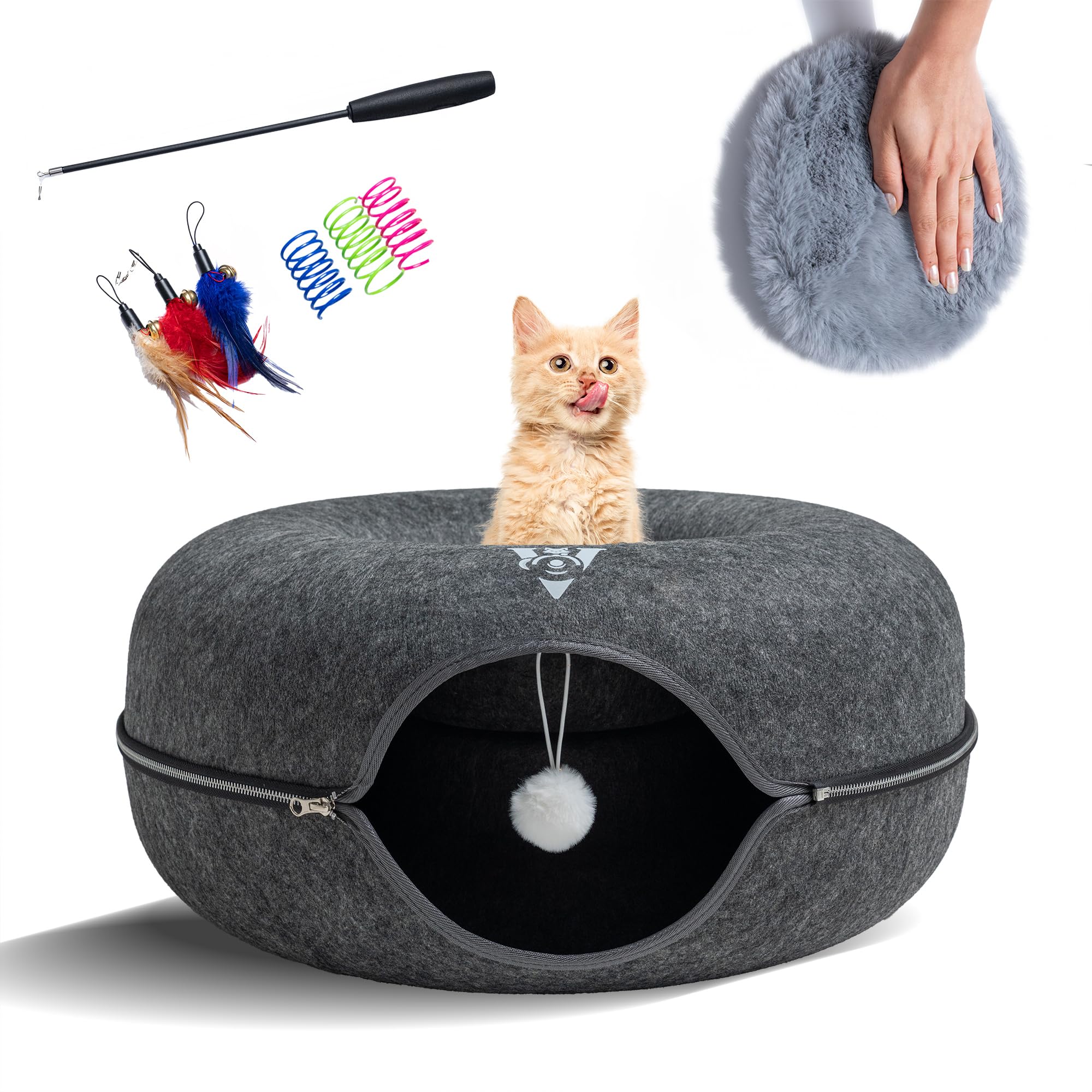 Premium Large Size 24 Inch Cat Tunnel Bed - With Upgraded Metal Zipper - Detachable Round Design - Washable - and Scratch Resistant - Includes 3 Toys and Removable Cushion