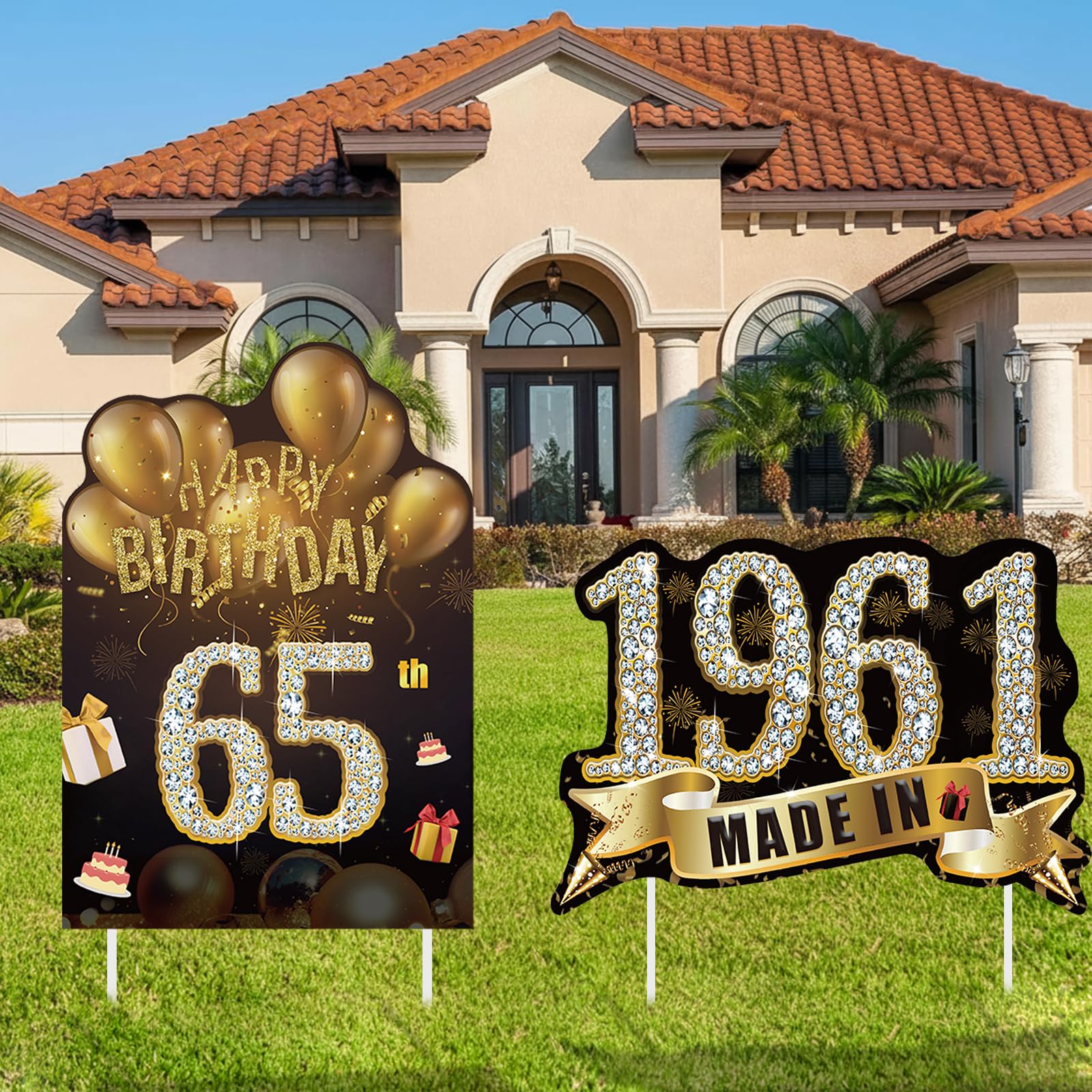 2Pcs Birthday Yard Signs 65th Birthday Decorations for Men Women Black Gold 65 Birthdays Sign Made in 1961 Lawn Signs Party Supplies With Stakes