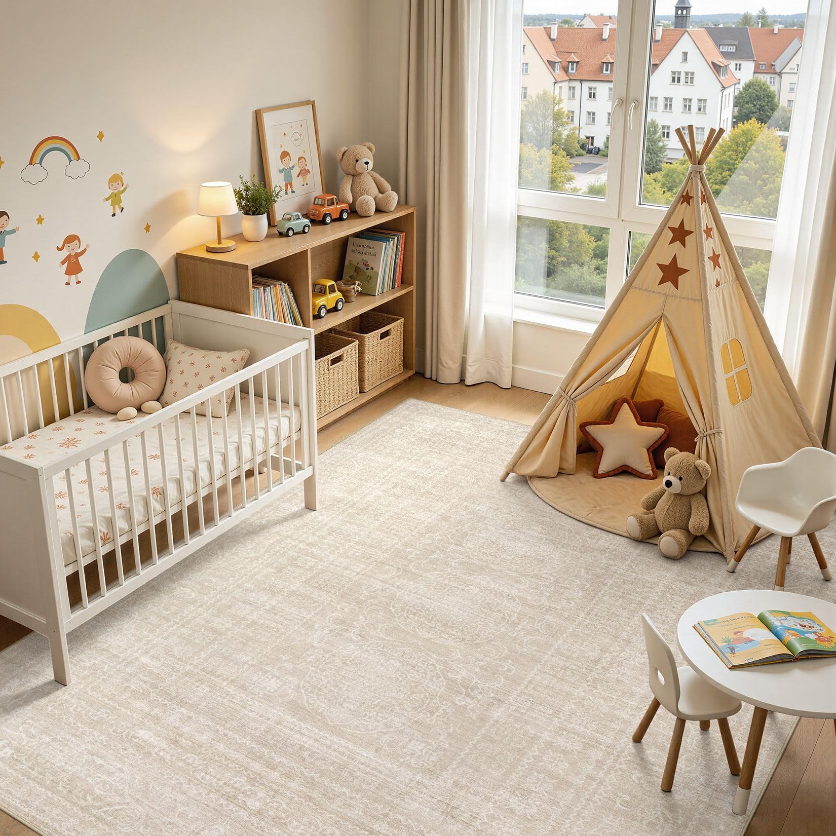 DMOYEST 160x230 Teppich Wohnzimmer Beige Vintage Waschbar | Waschbarer Kurzflor Teppiche mit Rutschfester, Weich und Dünn, für Schlafzimmer Esszimmer Büro, Kind und Haustierfreundlich