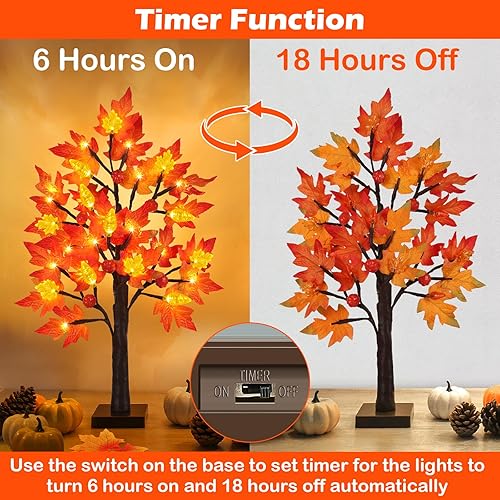 Miniatura 3 de Paquete de 2 decoraciones preiluminadas de árbol de arce de otoño con 48 luces LED, temporizador que funciona con pilas, calabaza artificial,