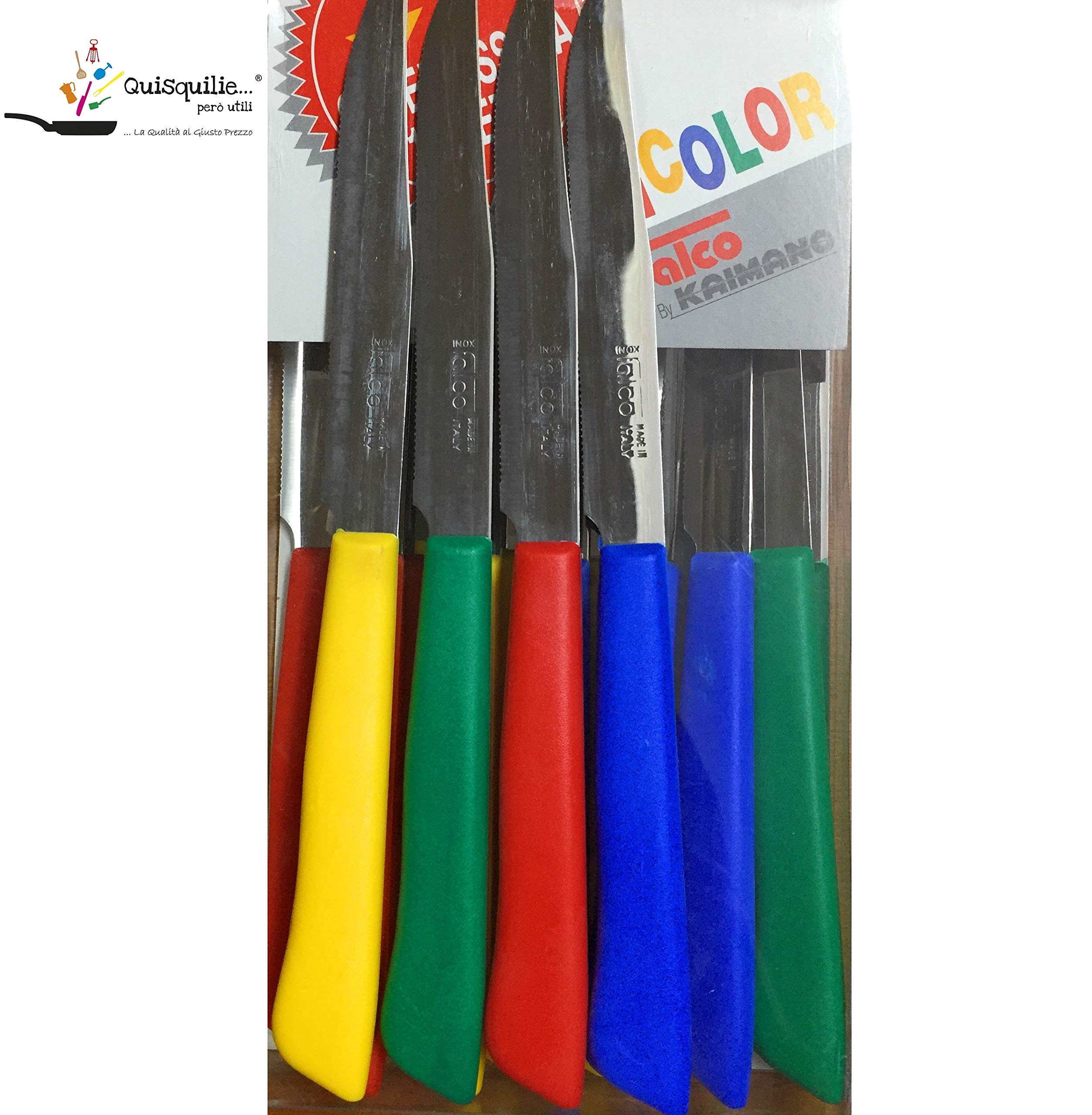 Kaimano Falco by Set di 16 coltelli Bistecca, Vecchia Produzione 100% Made in Italy, Lama seghettata, Punta Tonda,4 Colori