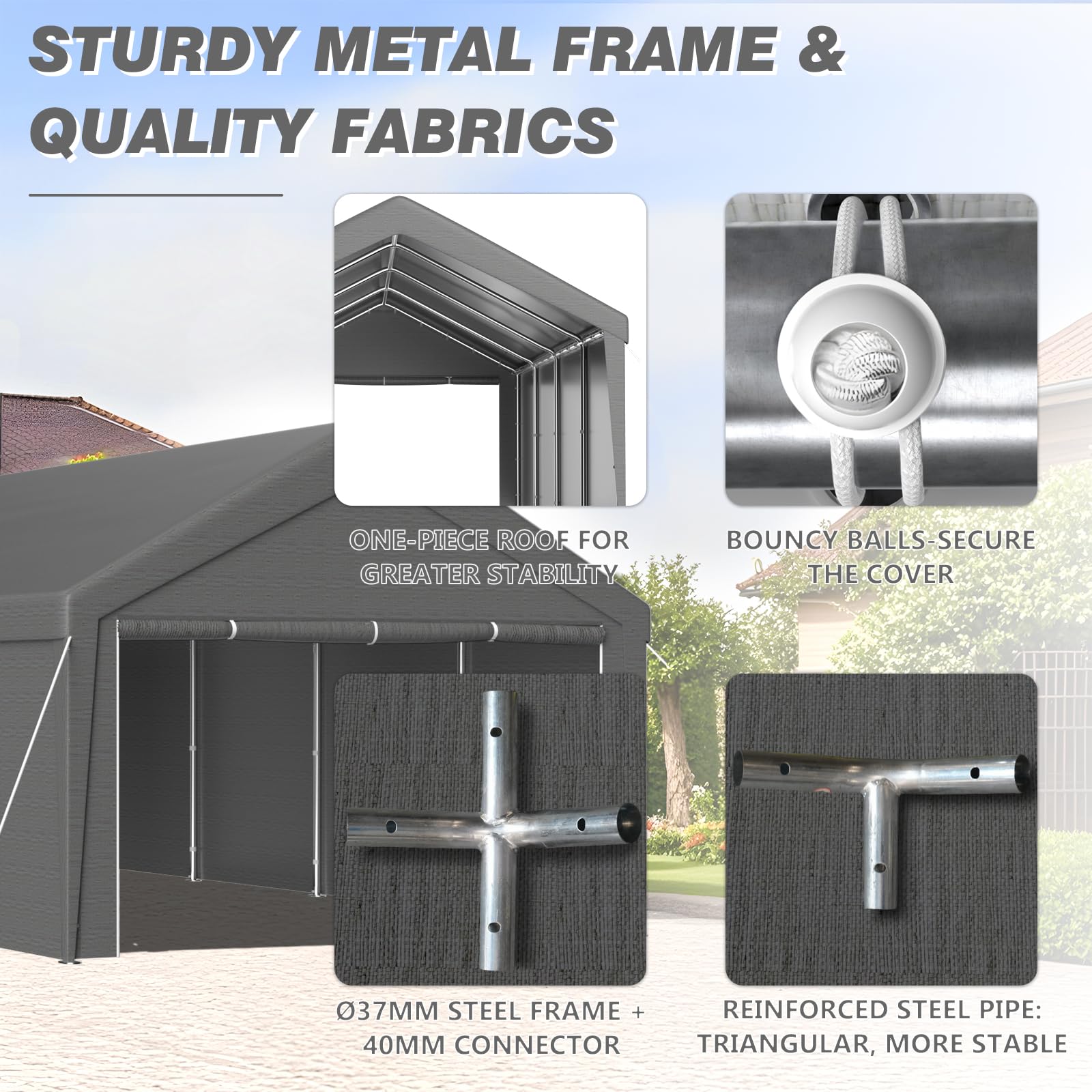 Pavillon XXL Carport 4x8m mit Stabil PE Plane, UV-beständig wasserdicht, abnehmbaren Seitenwänden, Dachverstärkung, Metallrahmen, Garagenzelt für Auto, LKW, Party, temporäre Werkstatt, Grau