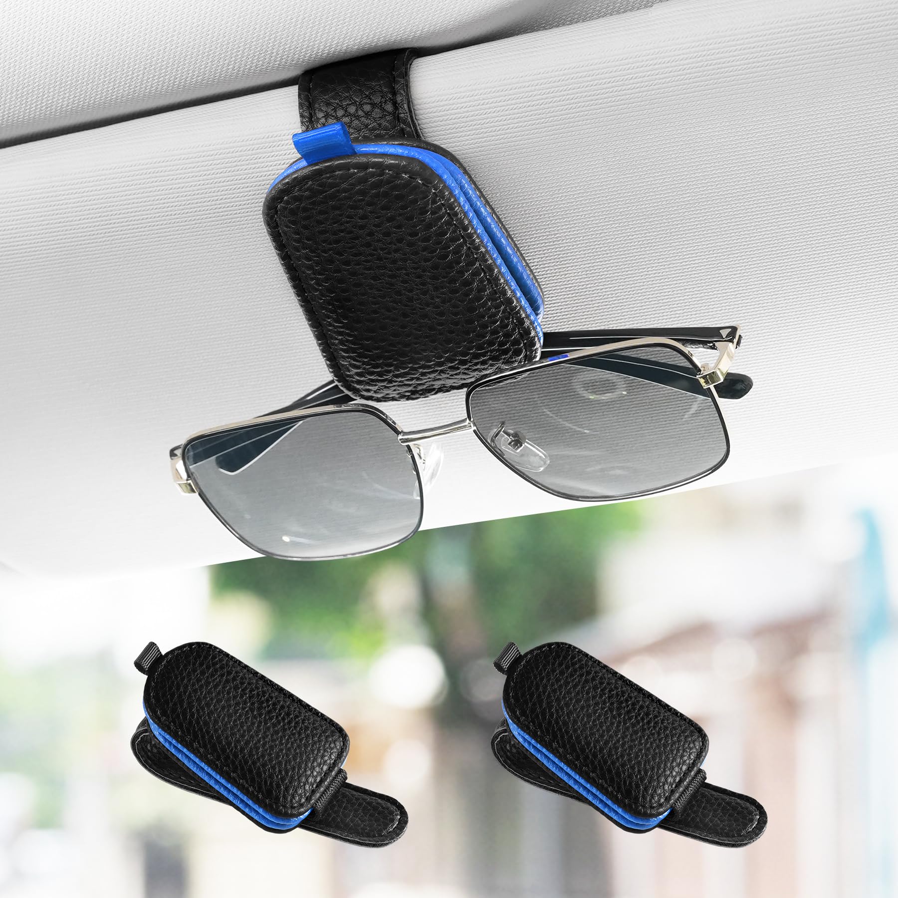 SINGARO Sunglasses Holder for Car, Leather Magnetic Buckle Sun Visor Sunglass Clip, Ticket Card Storage Glasses Clip, Car Interior Accessories for Men and Women（2PCS Black-Blue）
