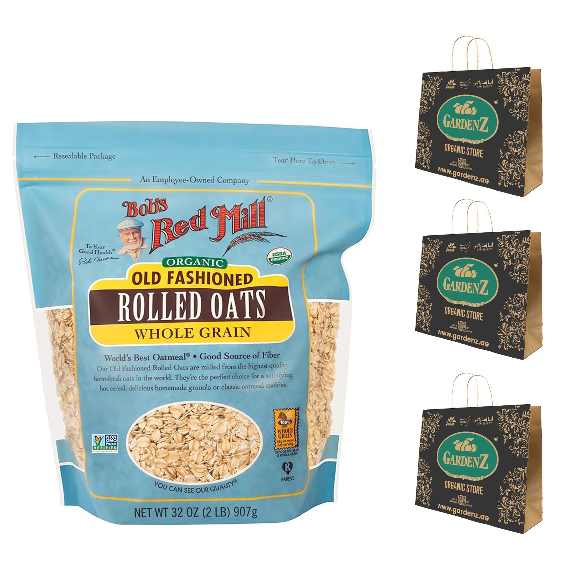GARDENZ Organic Old Fashioned Rolled Oats WHOLE GRAIN - Made in USA - 907g With Freebie Biodegradable Three Reusable Bags