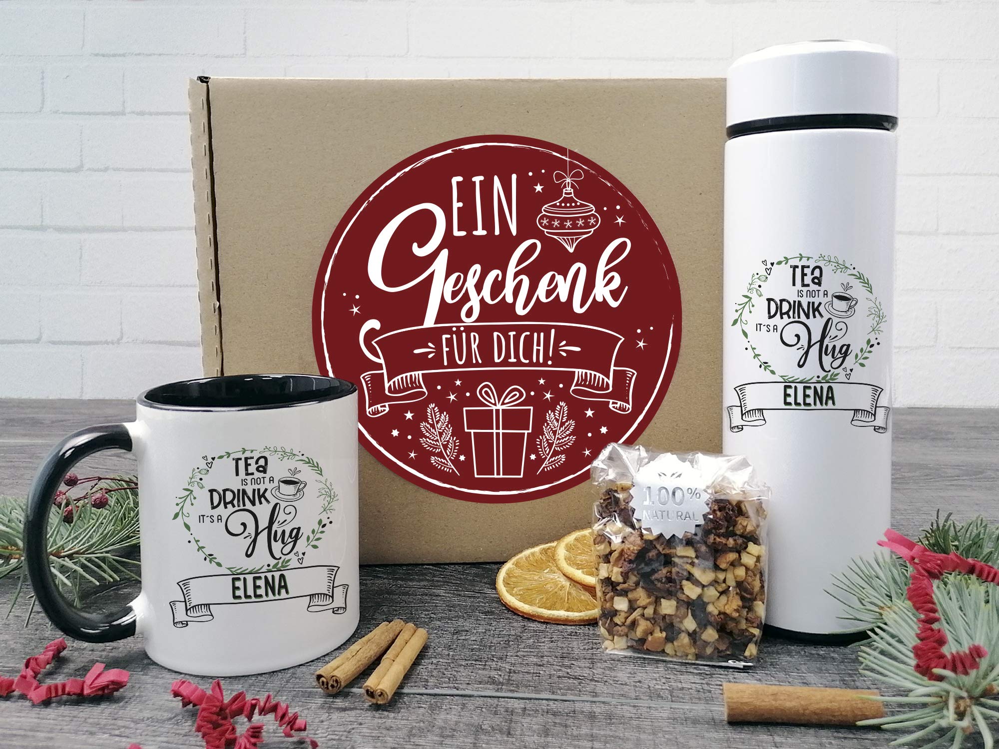 GRAZDesign Tee Geschenkset mit Namen Teebox Tasse mit Thermosflasche Weihnachten inkl. Tee und Box - Geschenkbox (Tee Spruch, Geschenkset)