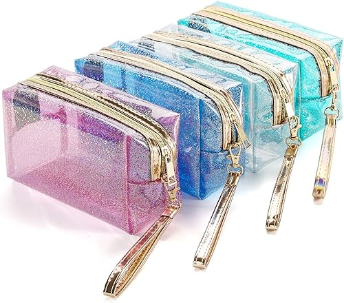 4 bolsas de cosméticos impermeables de PVC transparente con cremallera con correa de asa bolsa de maquillaje transparente portátil para baño