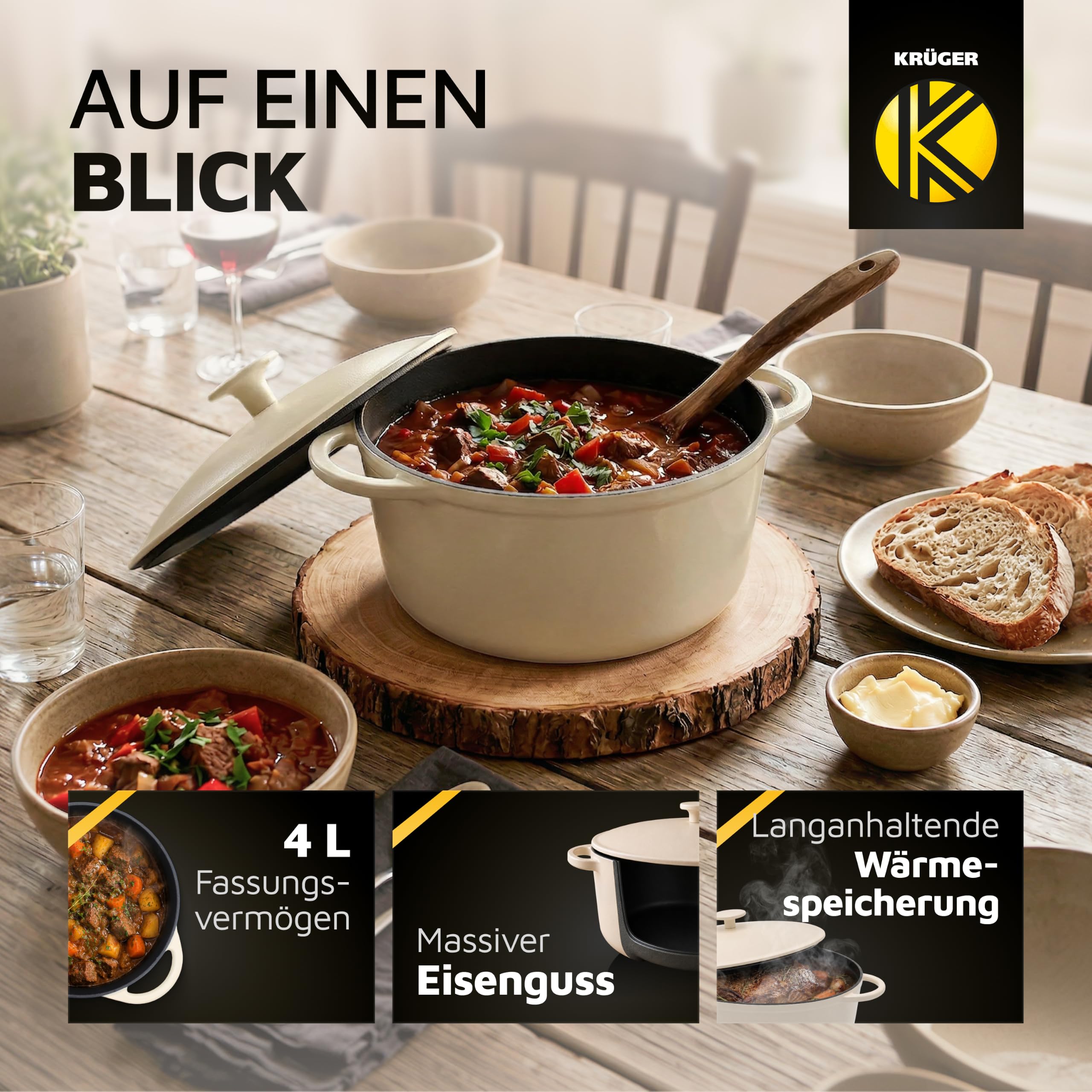 Krüger Gusseisen Schmortopf Savanna Ø 24 cm 4 L | Brotbacktopf creme matt | Massiver Vollguss-Eisen 4,6 kg | Ofenfest bis 240 °C | Brotbacken & Schmoren | Alle Herdarten inkl. Induktion | PFAS-frei