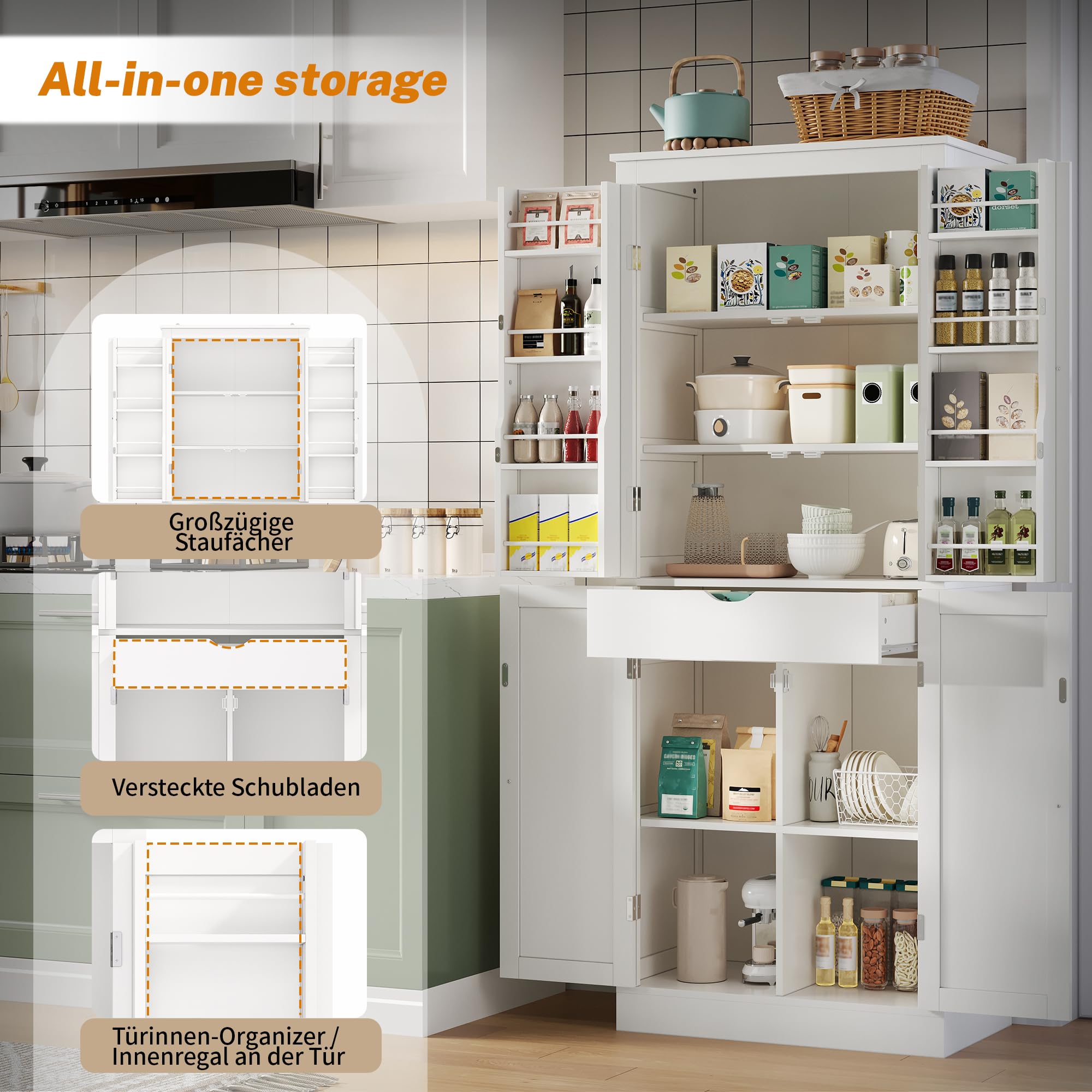 Armario de cocina de 182 cm, armario alto con 4 puertas y 1 cajón, armario de 6 compartimentos, 4 estantes ajustables y estantes para puertas, armario de almacenamiento para cocina (blanco, B)