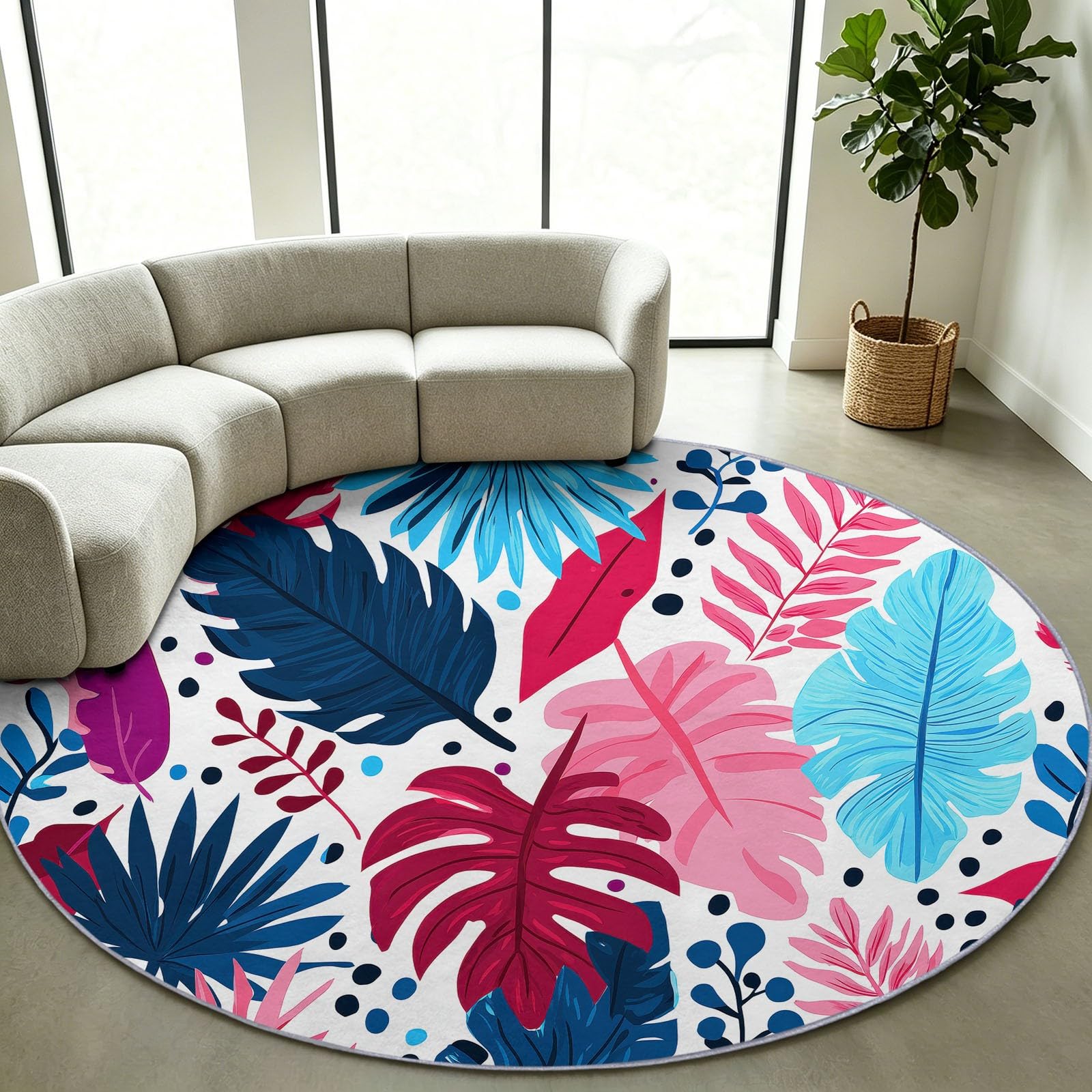 Tappeto rotondo lavabile, 90 cm, stile retrò, bohémien, morbido, con stampa a pois tropicali, a pelo corto, antiscivolo, per ingresso, soggiorno, camera da letto, accanto al divano e all'ufficio