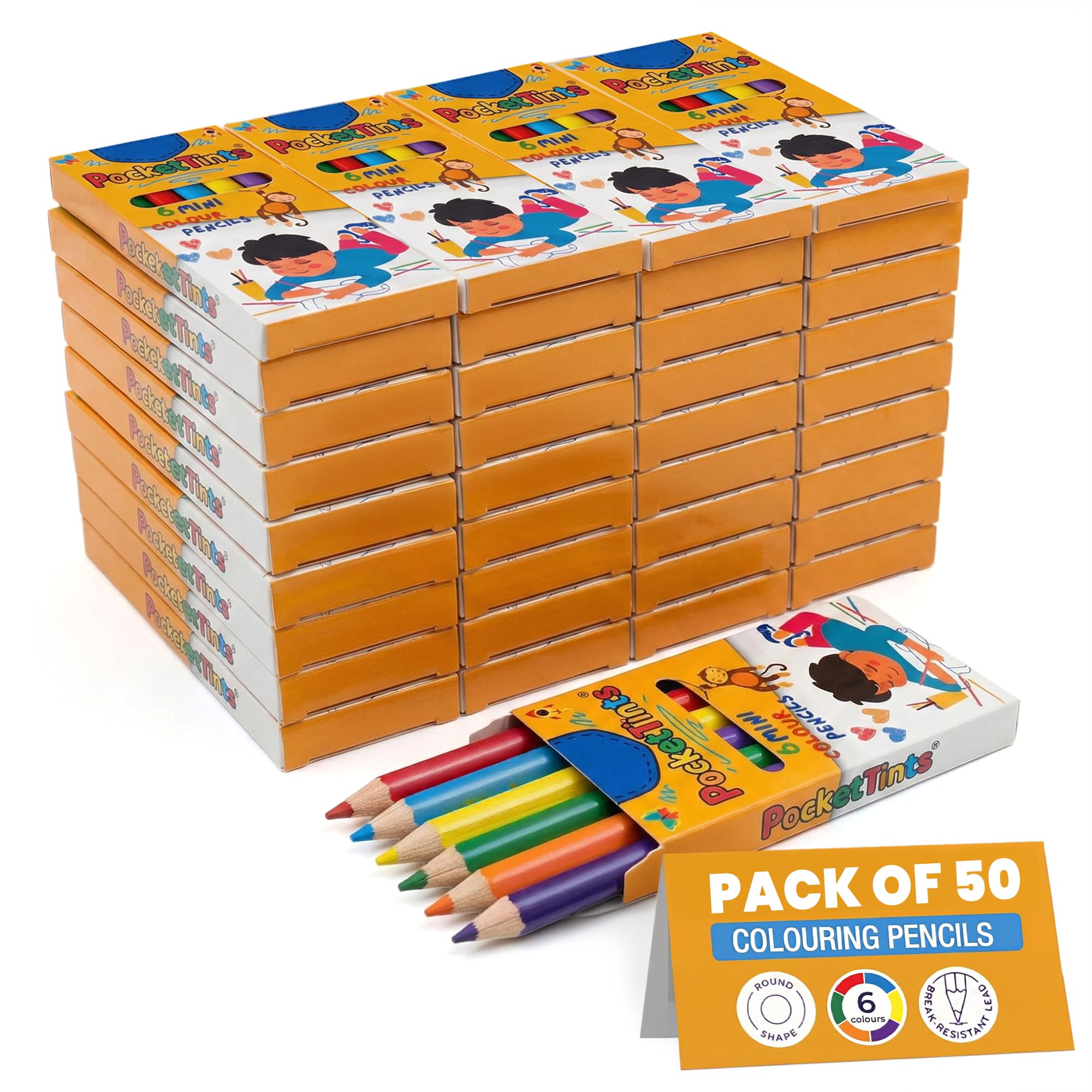PocketTints 50 Packs Mini Colouring Pencils Set– 6 Pencils Per Box, Total 300 Colouring Pencils for Kids, 9cm Round Shape Assorted Colouring Pencils for Children - Perfect Birthdays & Classroom Gifts