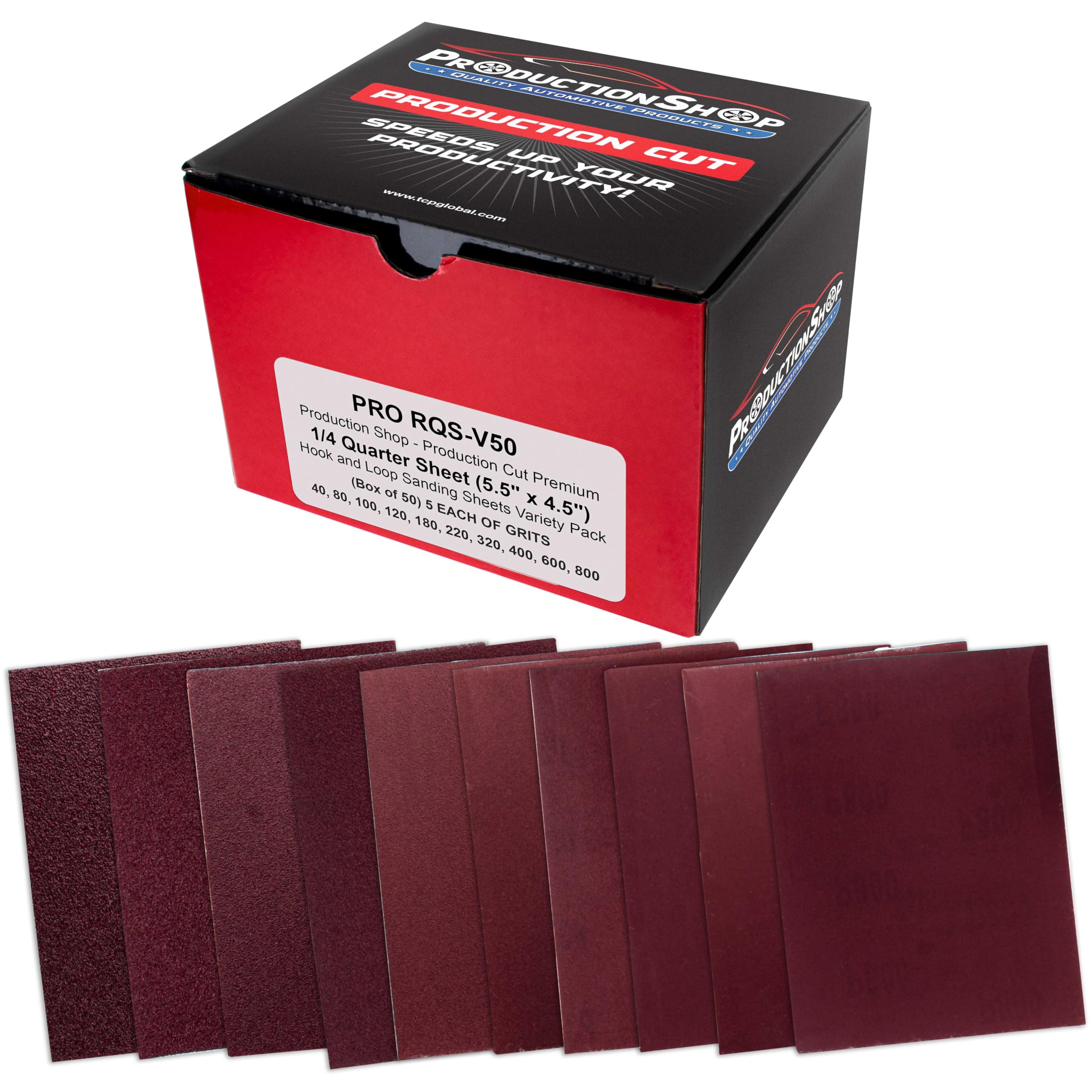 ProductionShop Premium 1/4 Sheet Size Red Sanding Sheets, 50 Sheet Variety Pack, Grits 40, 80, 100, 120, 180, 220, 320, 400, 600, 800 - Hook & Loop Backing Sandpaper - Palm Sanders, Sanding Blocks