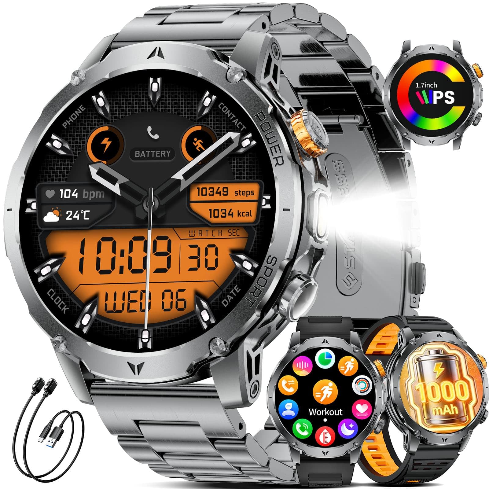 LIGE Smartwatch da uomo con batteria da 1000 mAh, con grande display HD da 1,7", con torcia, chiamate Bluetooth, oltre 120 modalità sportive, impermeabile IP68, orologio fitness, frequenza cardiaca