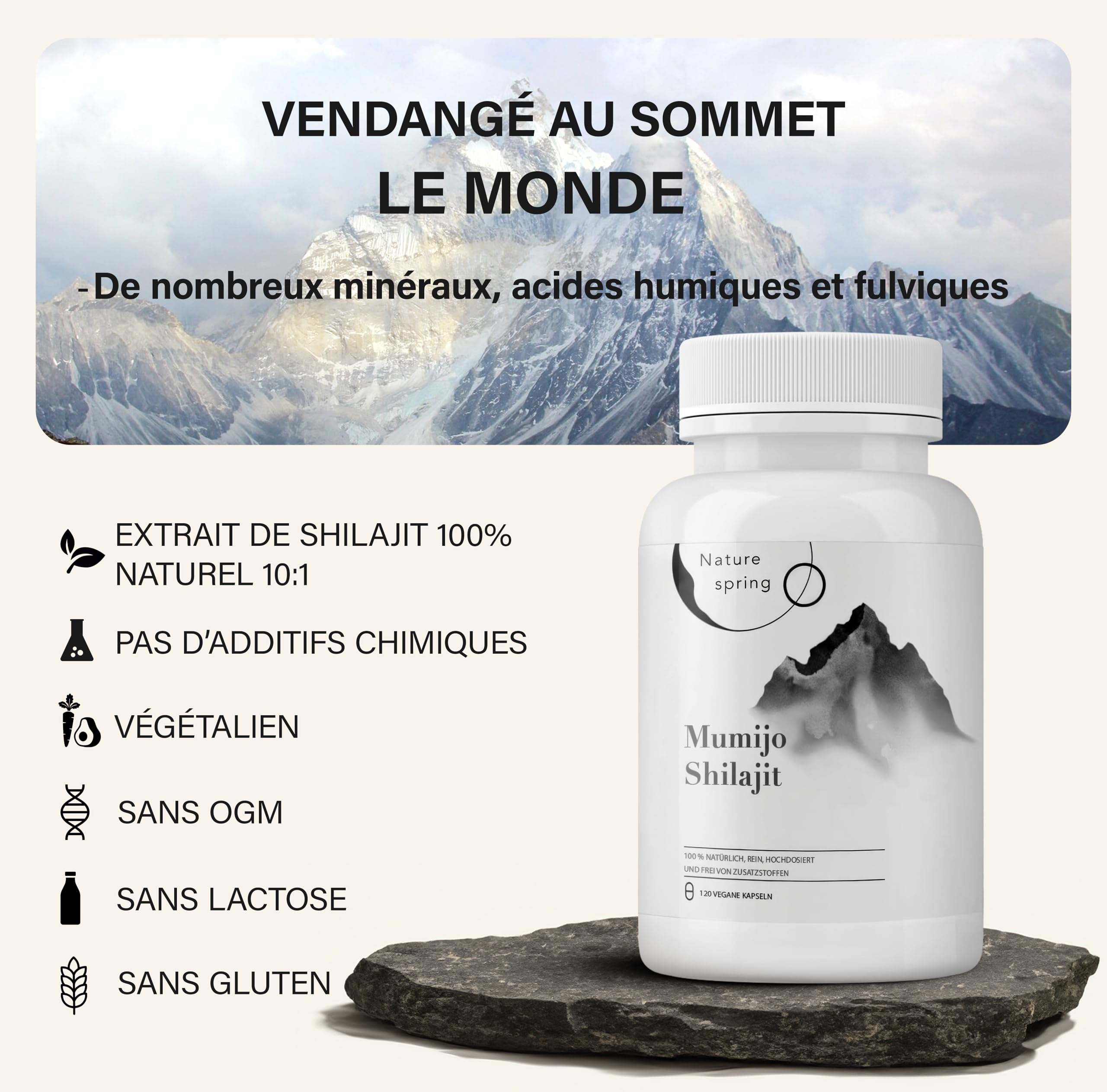 Extrait pur de Shilajit 120 capsules | +2 mois | Source himalayenne hautement potente avec acide fulvique| acide humique et oligo-éléments | Nature spring®