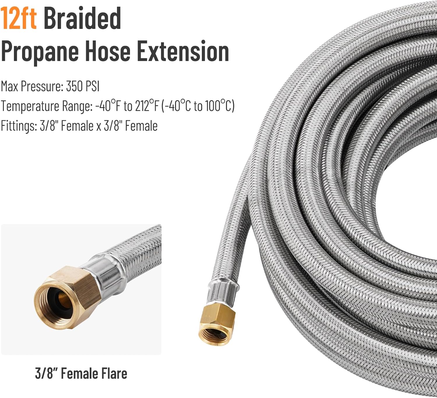 24Ft High Pressure Propane Hose Extension, 1LB Propane Tank Regulator Connection to 3/8" Female Flare Thread, Fittings with Conversion Coupling kit for BBQ Grill, Fire Pit, Heater