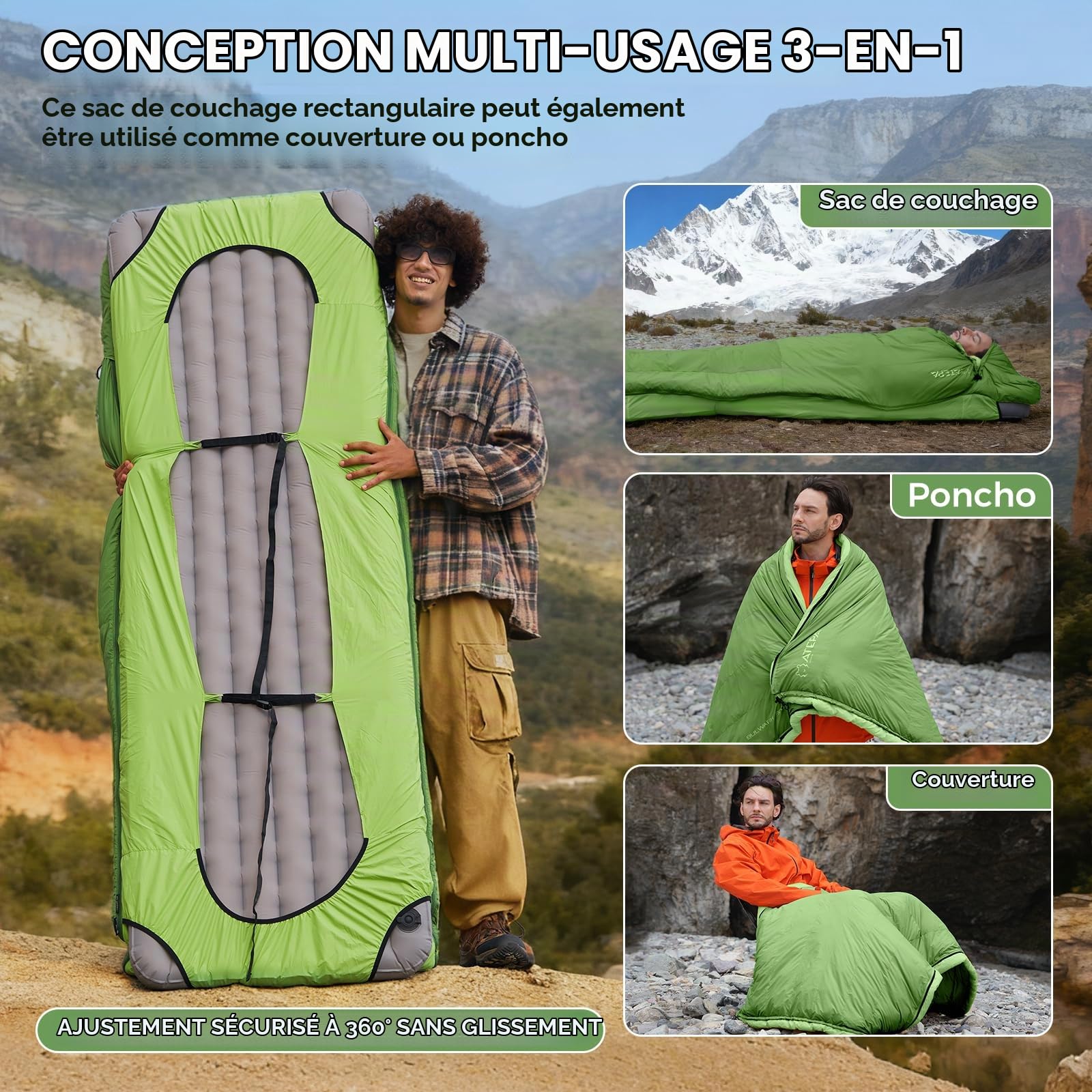 ATEPA Sac de Couchage en Duvet pour randonnée ultraléger 650 FP, -6,7 °C/-1,1 °C 4 Saisons, 2 pièces, matériau Recyclable, avec Sac de Compression, Couverture (Vert)