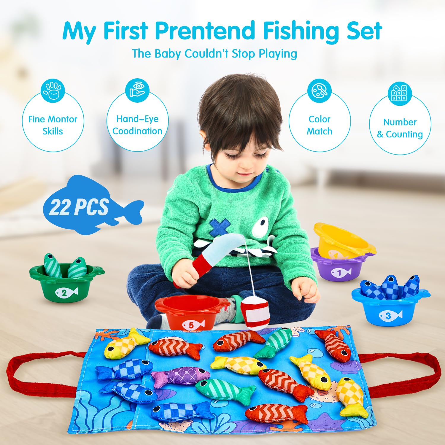 Montessori - Juego de pesca para niños pequeños de 1 a 3 años, regalo de cumpleaños 10 en 1, juego de pesca de tela para niños pequeños de 1 año con tazas apilables, conteo de números 2
