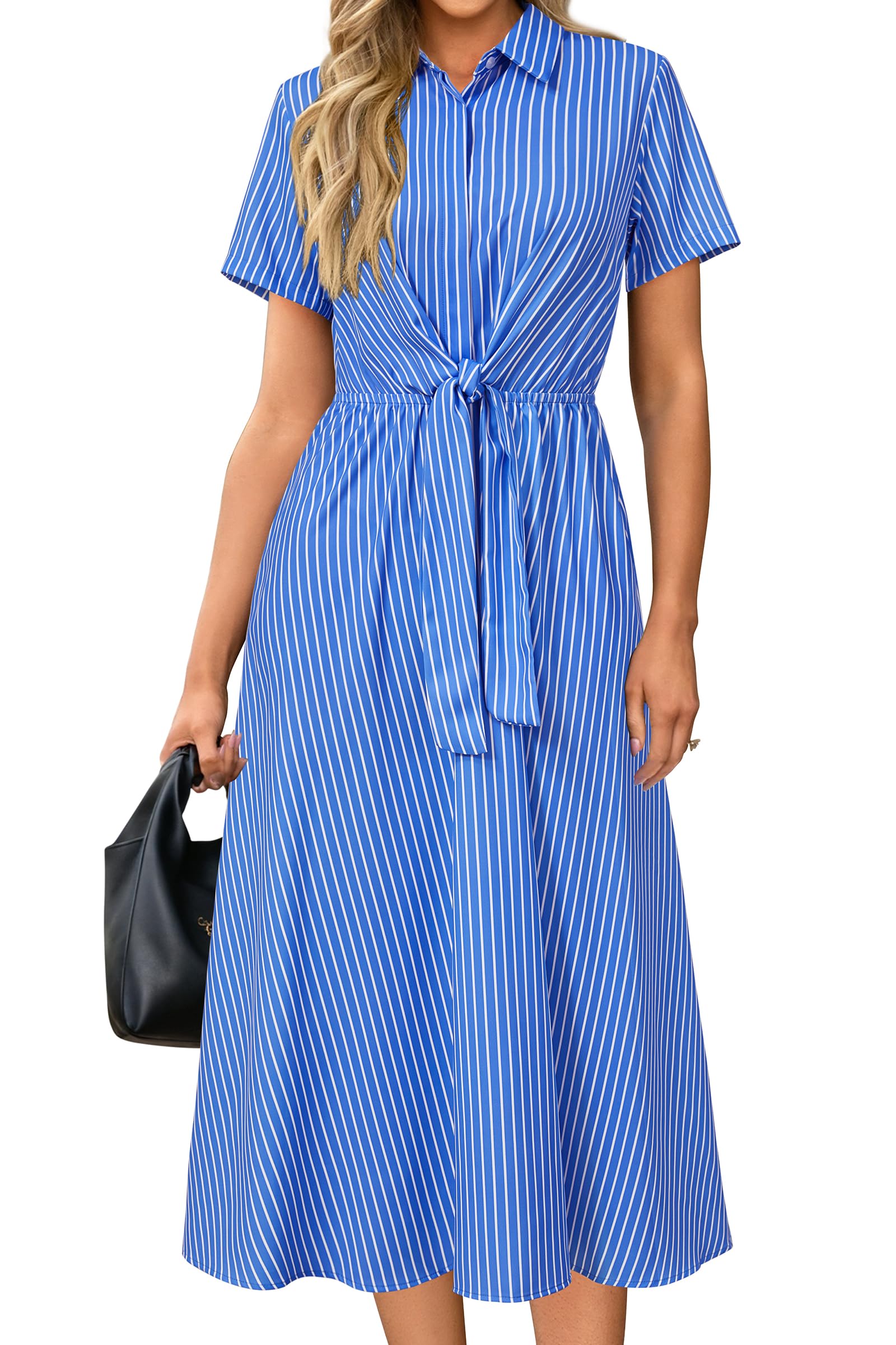 Newshows Women's Work Business Casual Outfits Tie Waist Midi Shirt Dress