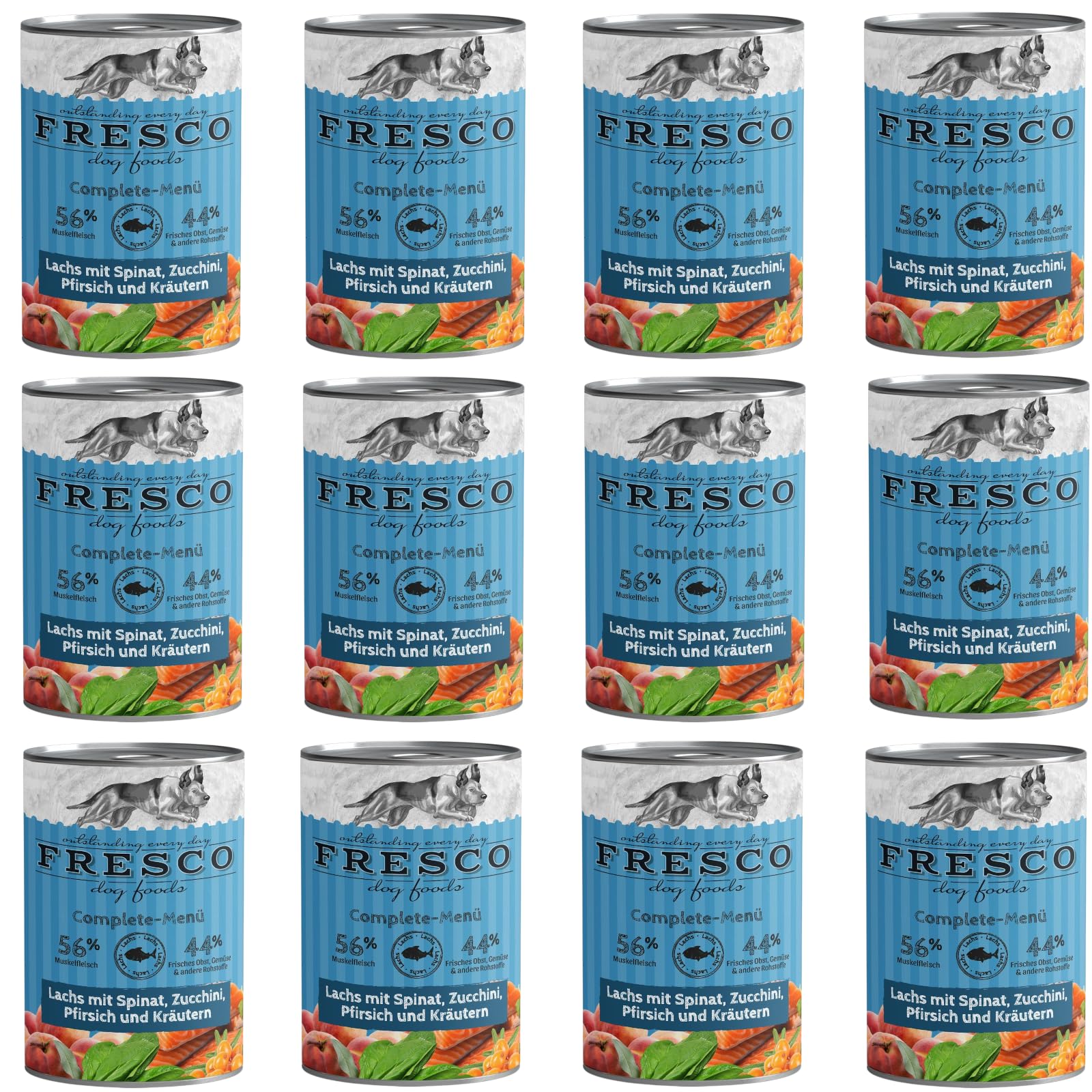 Fresco Complete-Menü Lachs mit Spinat, Sanddornbeeren und Kräutern | 12er Pack | 12 x 400 g | Nassbarf für Hunde | Mit Omega-3 | Grob zerkleinertes Naturprodukt