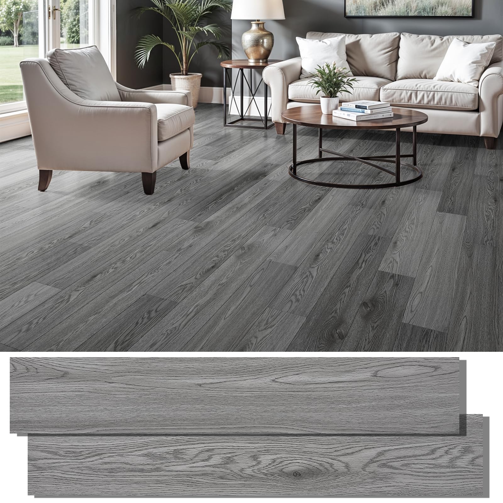Peel and Stick Floor Tile, INMOZATA Self Adhesive Vinyl Plank Flooring Wood Grain Look 36-Pack 54 Sq.Ft Grey Waterproof Tile Sticker for Bedroom,