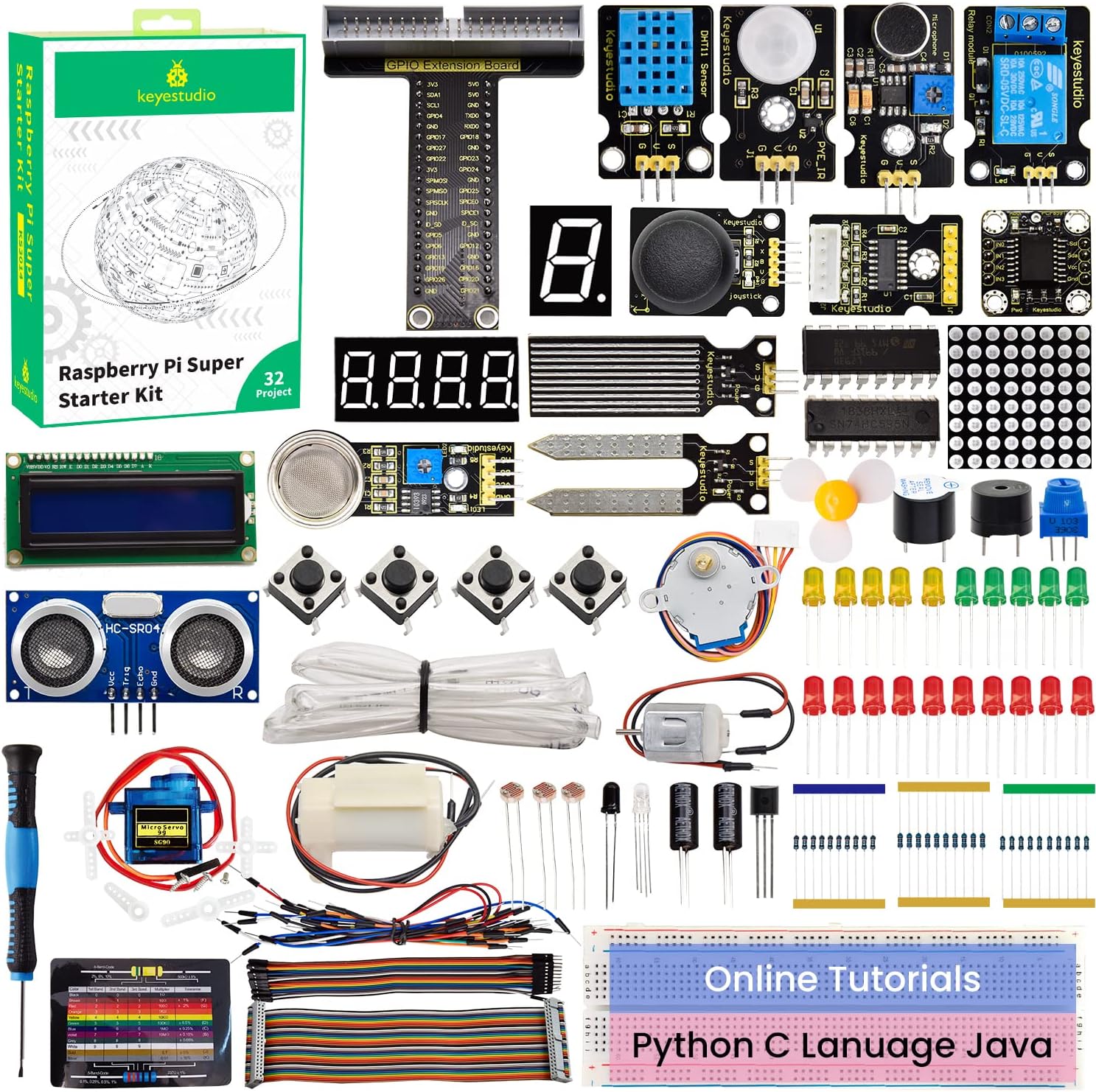 KEYESTUDIOSuper Starter Kit for Raspberry Pi 4 3 3B/3B/B+, Tutorials C Language Python Java Code STEM Education Kit, Electronic Components GPIO Breakout Solderless Breadboard LCD Relay 5v Dot Matrix