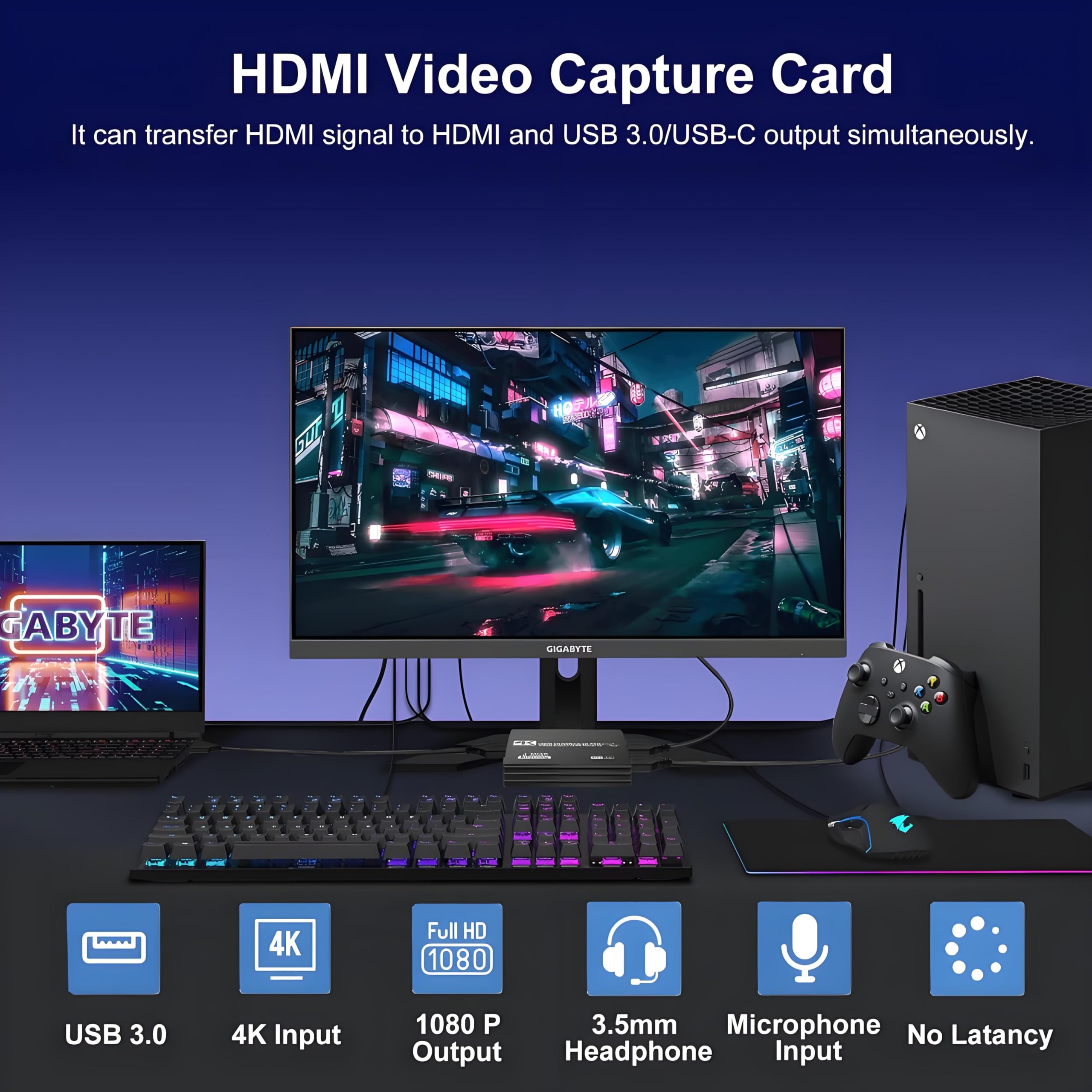 Tarjeta de captura de video HDMI 4K, tarjeta de captura HDMI a USB 3.0 para transmisión y grabación, paso de entrada 4K a 60Hz 1080P a 60Hz, compatible con Switch/PS5/Xbox/PC/cámara/Mac/OBS/XSplit