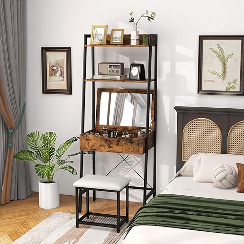 Miniatura 8 de COSTWAY Juego de escritorio con espejo abatible, mesa de tocador con escalera y taburete acolchado con 4 compartimentos de almacenamiento, pequeño