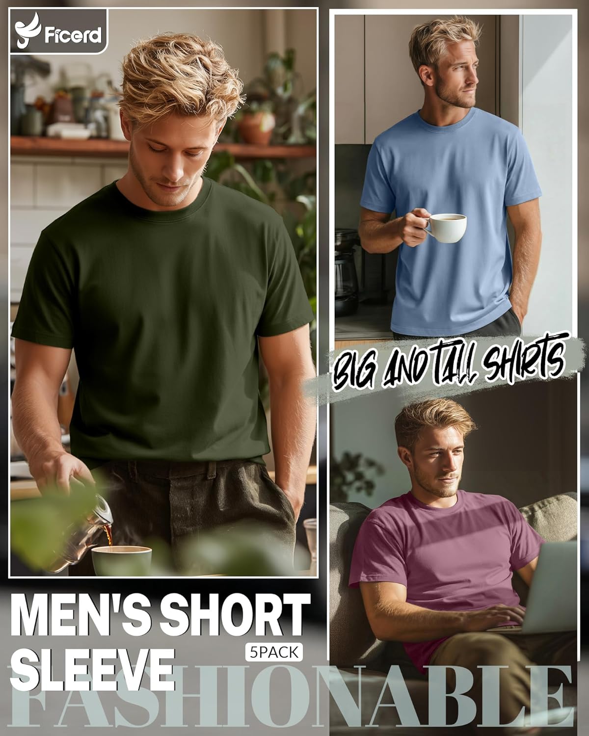 Ficerd 5 Pack Men's Big and Tall Shirts Short Sleeve Cotton Tee Summer Crew Neck Oversize Top Loose Fit Shirt Multipack