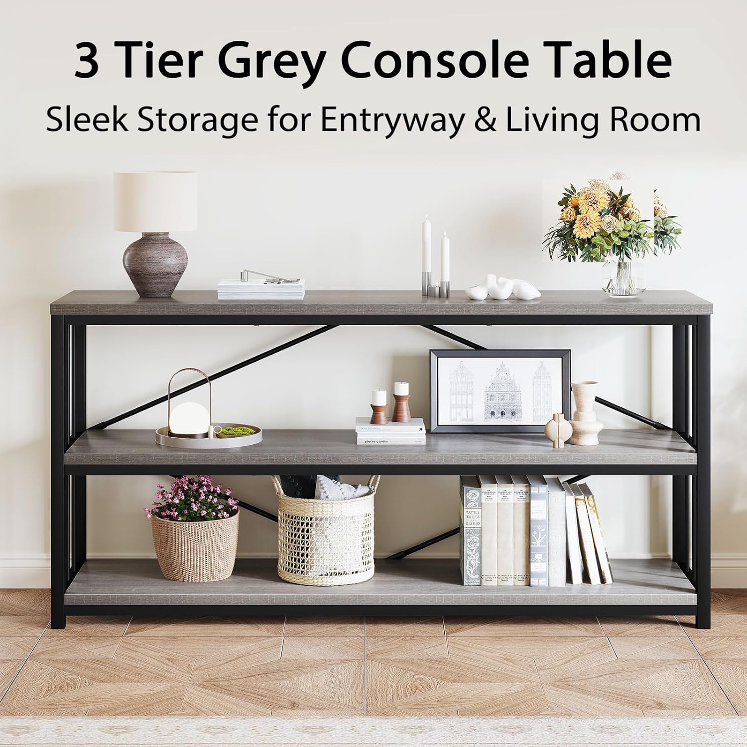 LVB Long Console Table with Storage, Farmhouse Rustic Skinny Entryway Table, Modern Wood Metal Hallway Sofa Table with Shelf, Industrial Narrow Couch Entry Table for Foyer Living Room, Light Grey, 63