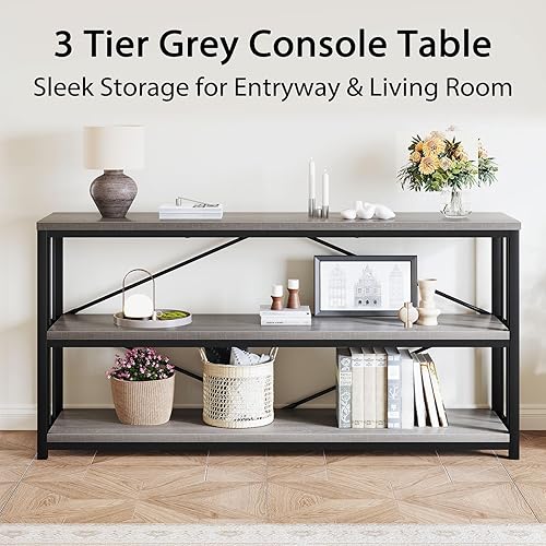 Miniatura 6 de LVB Mesa consola larga con almacenamiento, mesa de entrada rústica y delgada, moderna mesa de sofá de madera y metal con estante, mesa de entrada