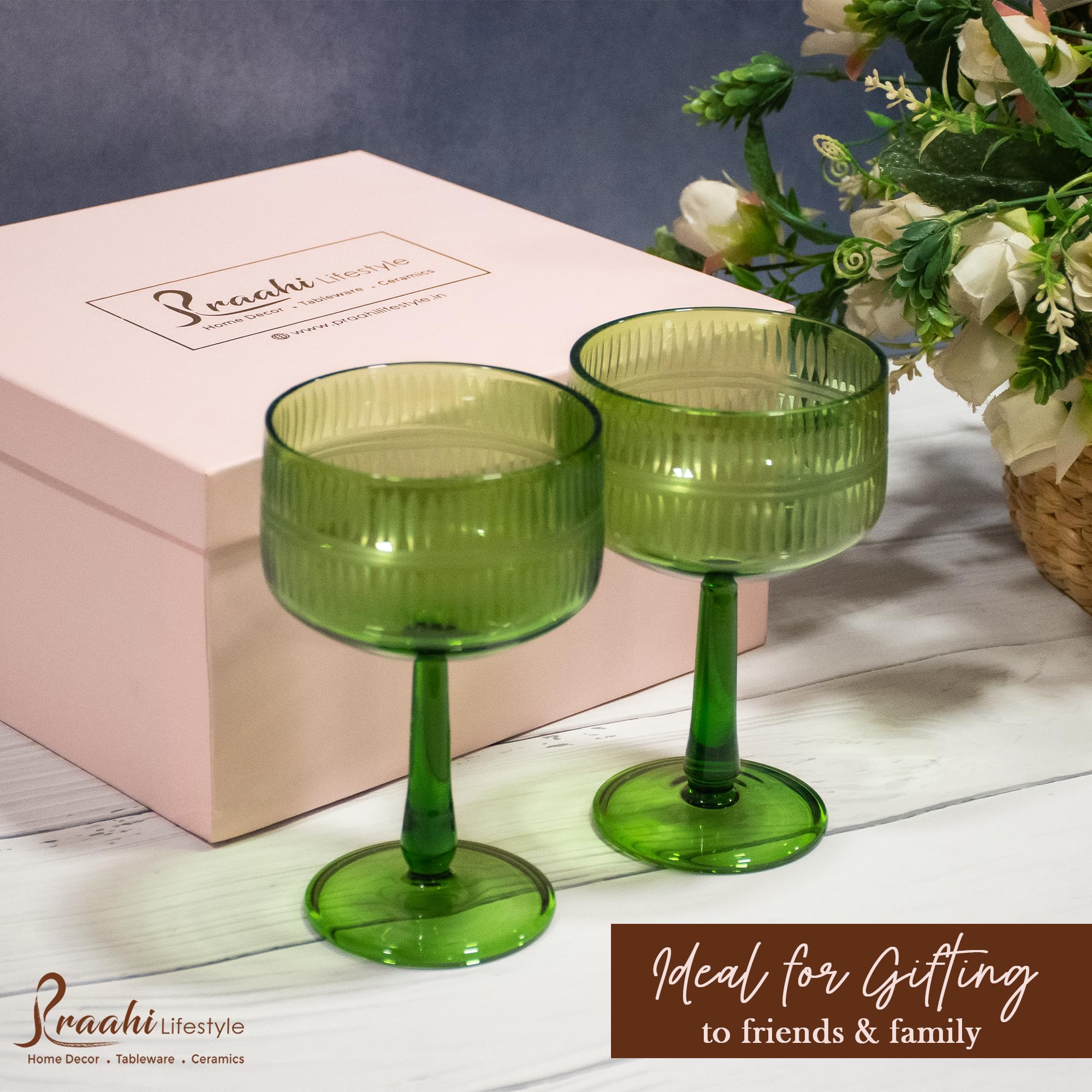 Praahi Lifestyle Premium Champagne Glass Coupe Glasses | Cocktail Glass Set - Gift Box Packaging, 270ml, Set of 2, Green Glasses | Wedding Gifts | Best Gift 4