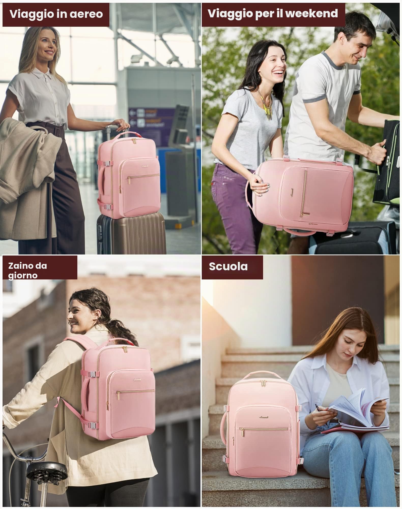 LOVEVOOK Zaino da Viaggio Aereo Bagaglio a Mano Donna Uomo Impermeabile 40L | Trolley Cabin Max per Ryanair Easyjet, Grande Porta PC 17 Pollici Valigia Borsa a Zainetto Rosa