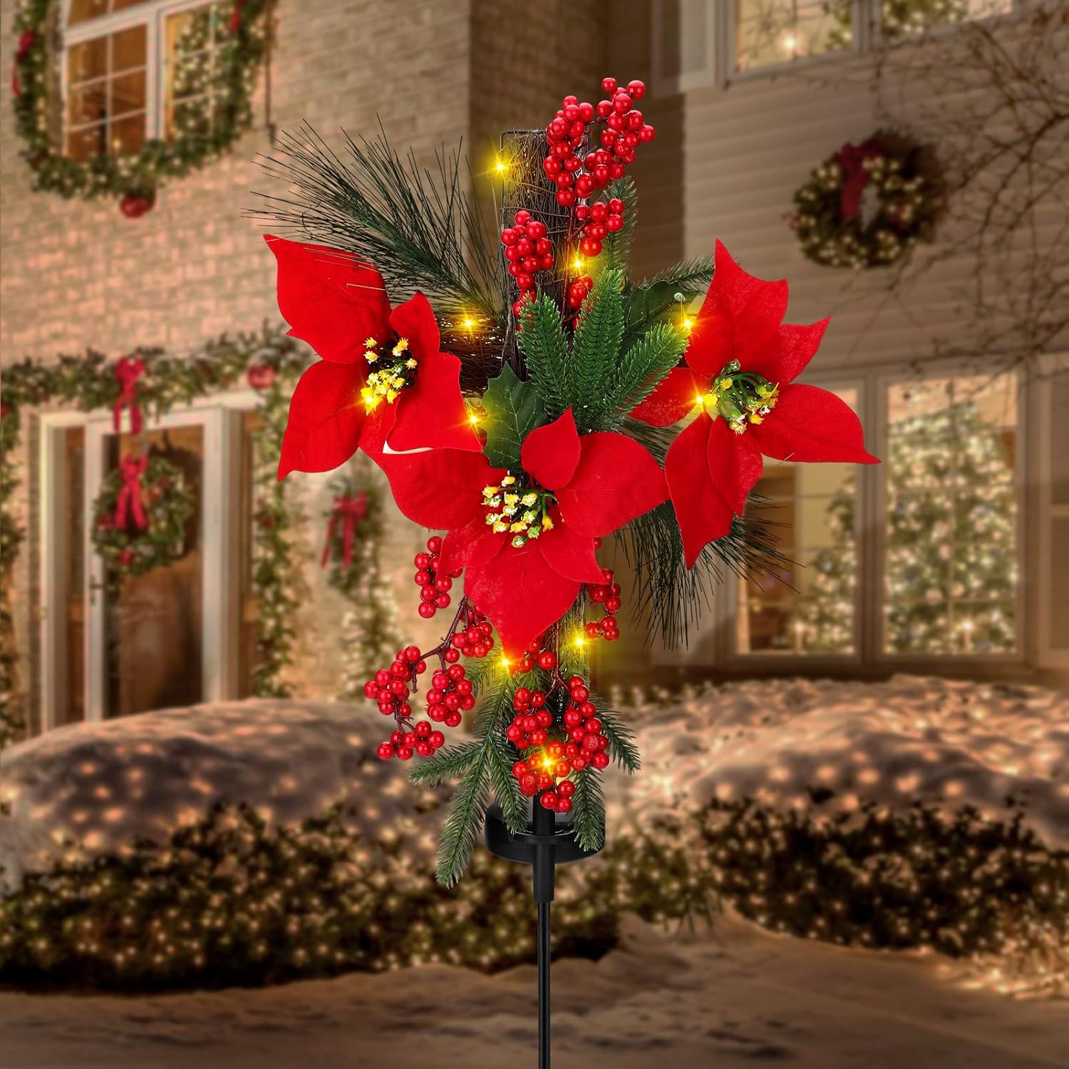 Christmas Cemetery Decorations for Grave - IP65 Waterproof Solar Lights Cross Stake with Faux Poinsettia Flowers Pine Foliage, Garden Lawn Yard Pathways Xmas Outdoor Decor (Metal Frame, 1 Pack)