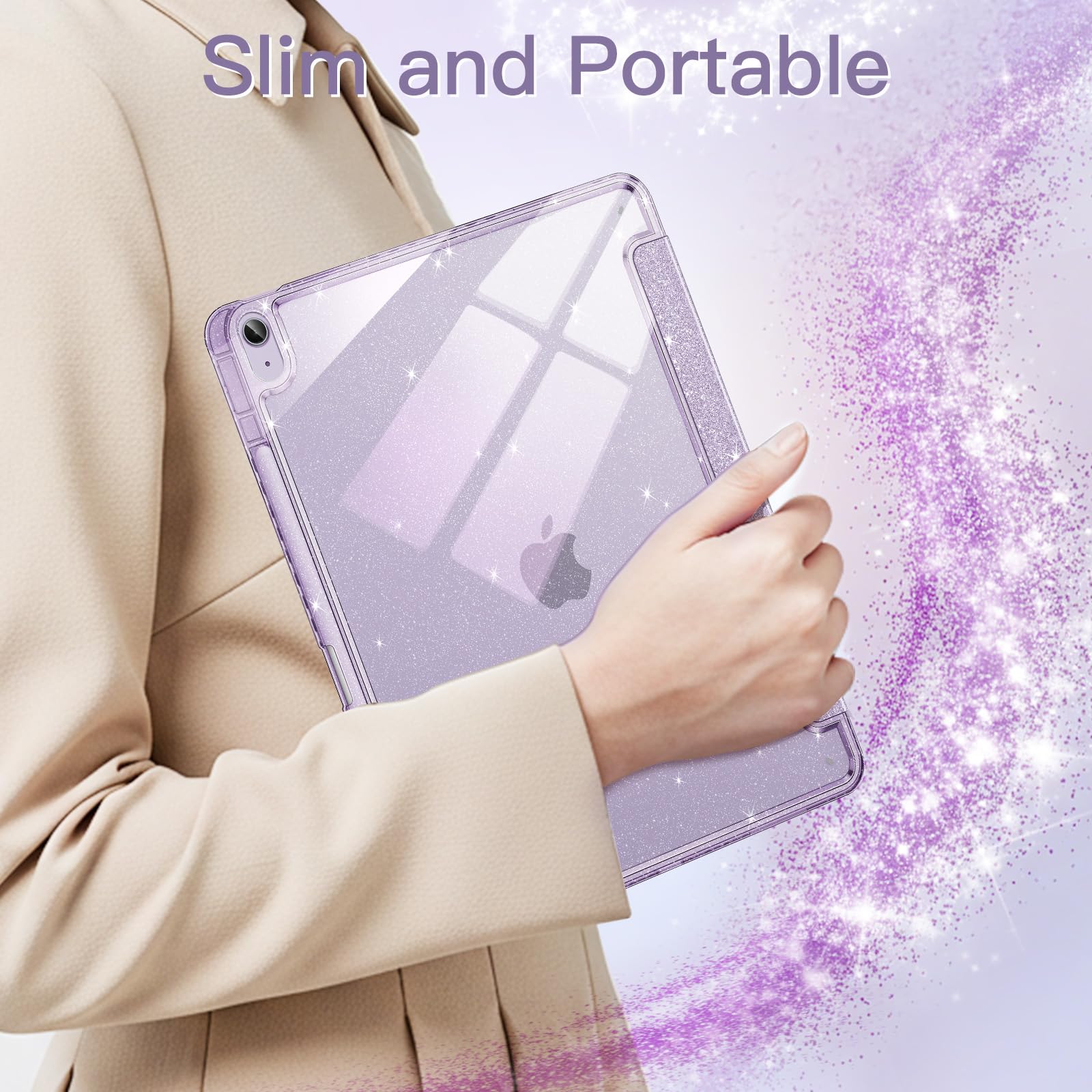JETech Glitter Etui do iPad Air 11 Cala M4/M3/M2 (2026/2025/2024), iPad Air 5/4 (2022/2020 5./4.) z Pencil Uchwyt, Urocze Błyszczące Szczupły Osłona dla Dzieci i Dziewcząt (Fioletowy)