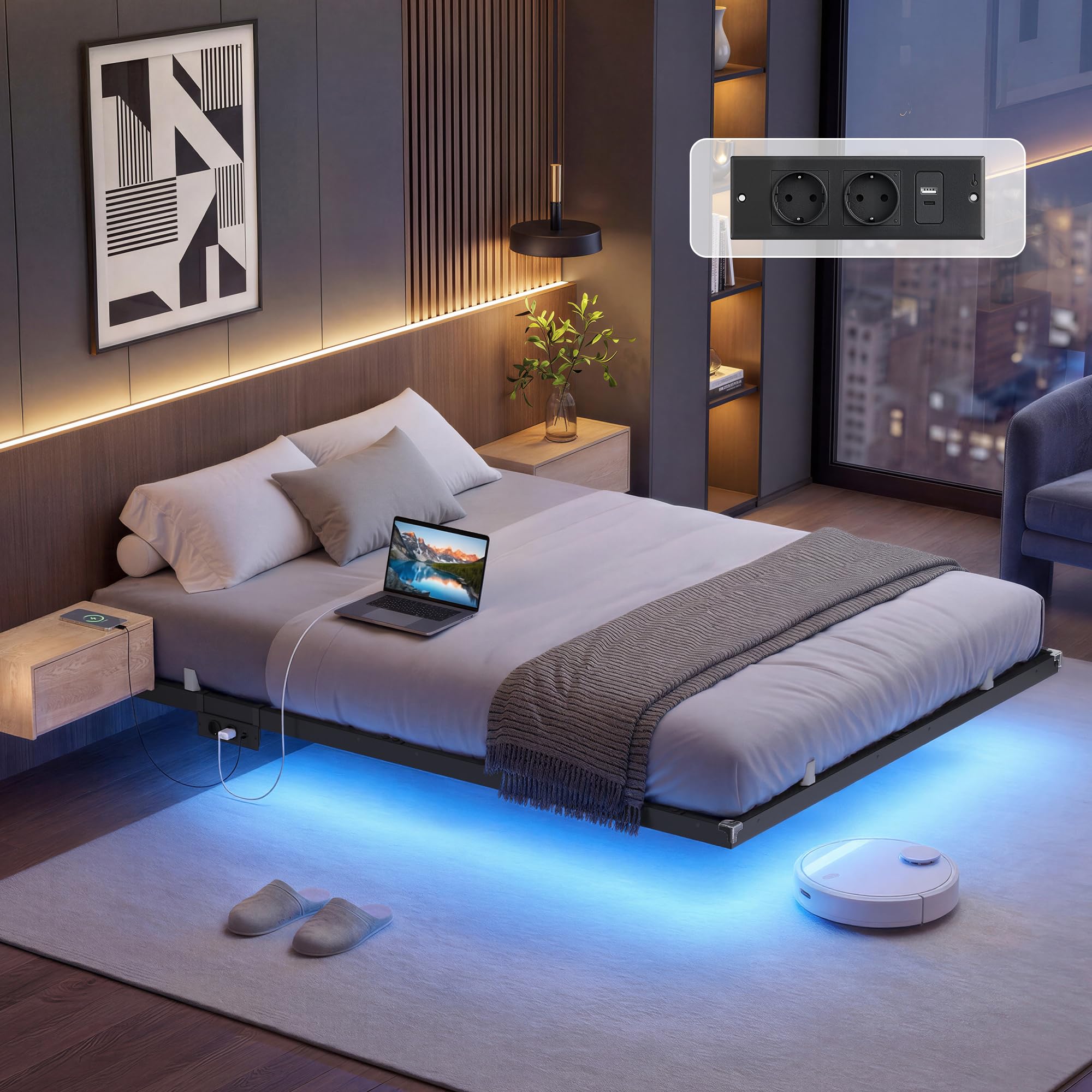 VASAGLE Bettgestell 140 x 200 cm, schwebender Effekt, LED-Beleuchtung, abnehmbare Steckdosenleiste, 2 AC-Steckdosen, 1 USB-C-Anschluss, 2 USB-A-Anschlüsse, trägt bis 500 kg, tintenschwarz RMB174B101