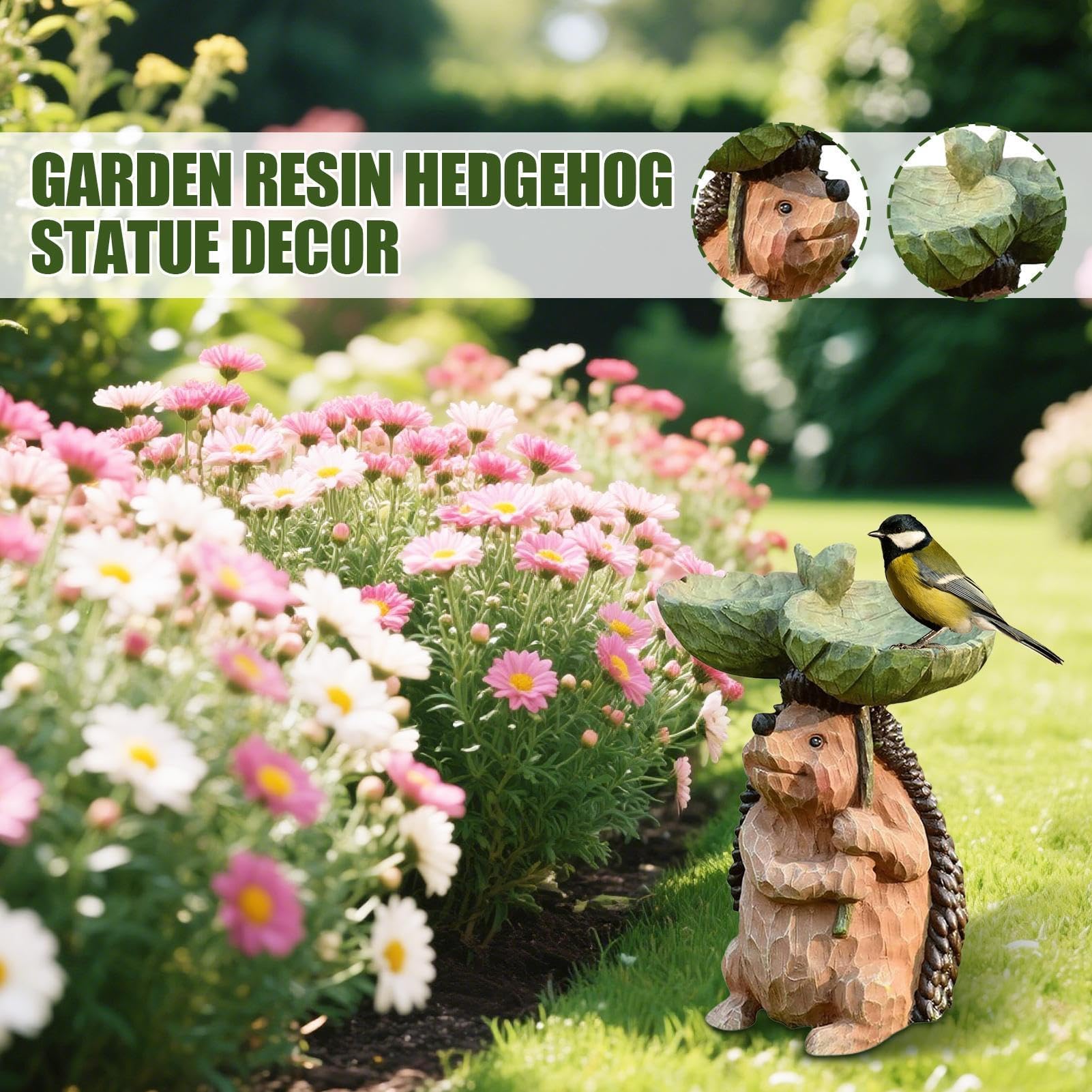 Riccio ornamento da giardino con mangiatoia per uccelli e vasca, scultura paesaggistica in resina resistente alle intemperie, per cortile e patio all'aperto, 15 x 10 x 21 cm