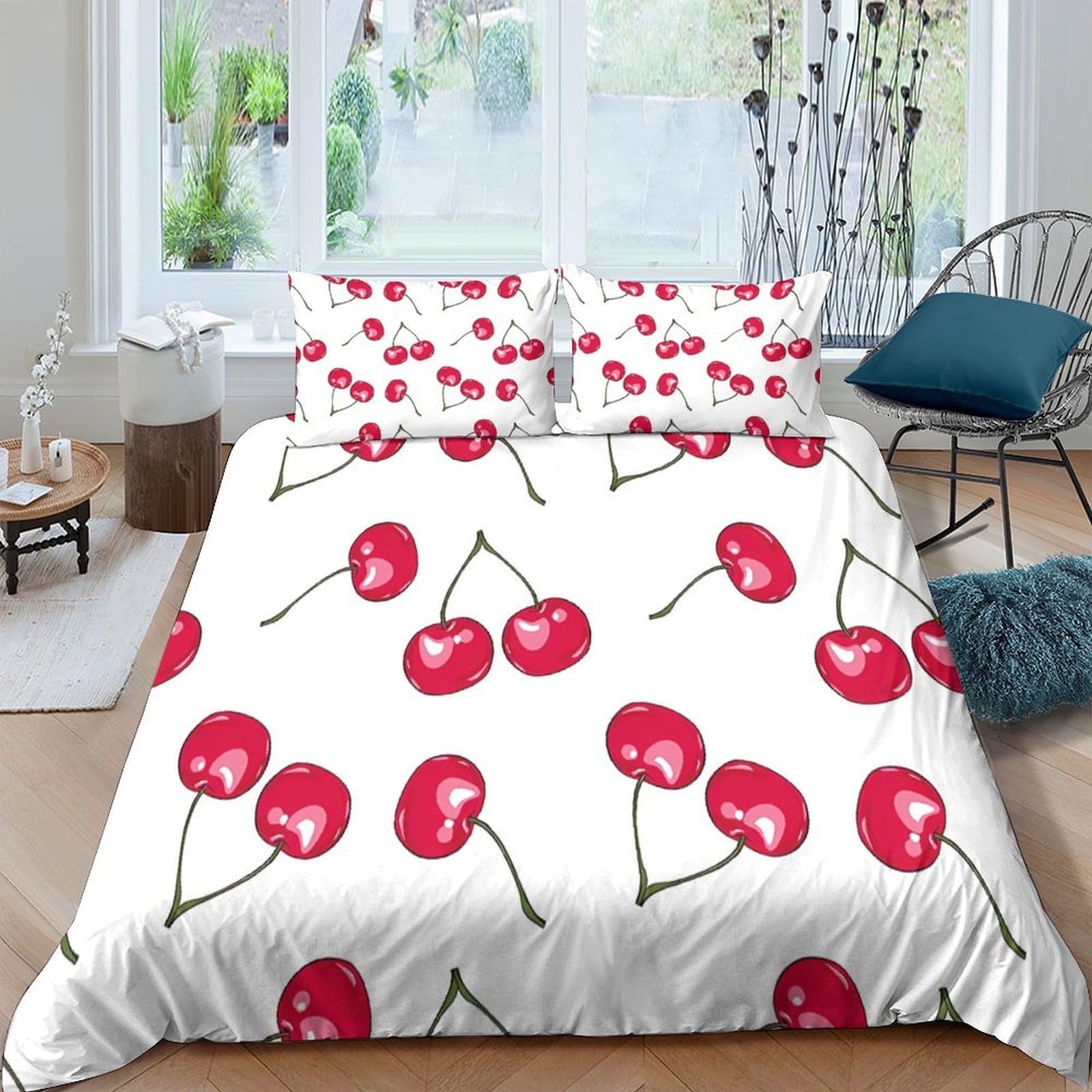 Housse de couette cerise microfibre décoration chambre ado lit simple 140x200