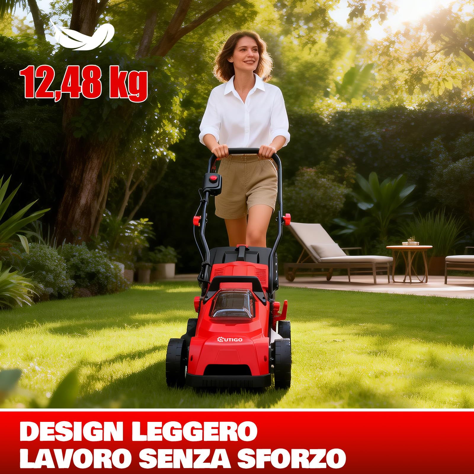 OUTIGO Tagliaerba a Batteria 21V, 5,0 Ah Inclusa, Larghezza di Taglio 33 cm, Autonomia 250 m², Cesto Raccoglierba 32 L, Altezza di Taglio Regolabile 25-65 mm