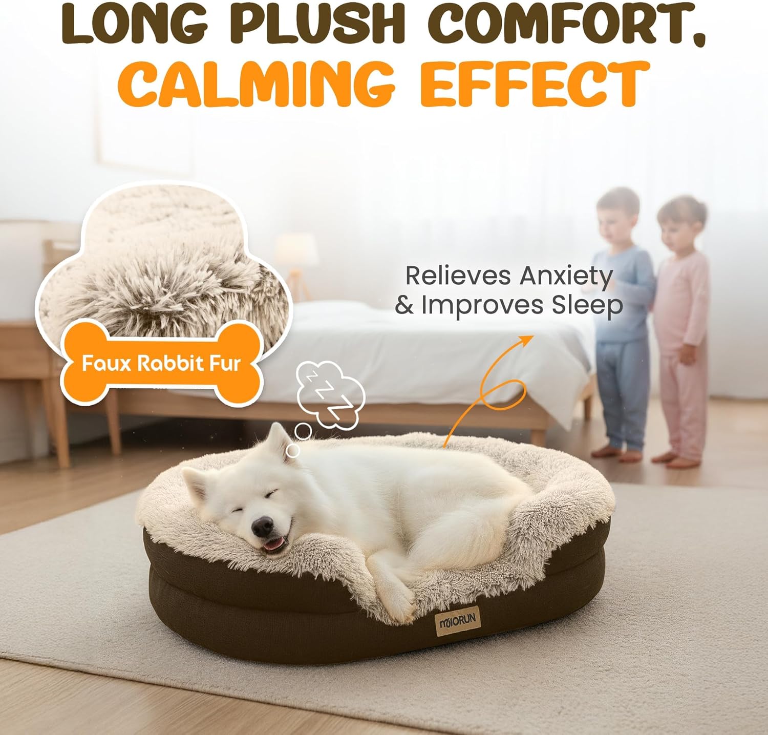 Fluffy Orthopedic Dog Bed for Small & Medium Dogs, Calming Plush Sofa Bed with Curved Bolster Support and Egg-Crate Foam Base, 35" Cozy Oval Pet Donut Bed with Washable Cover, Coffee